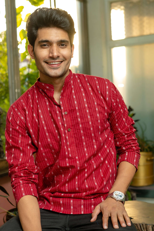 The Maroon Short Kurta With Striped Self Work