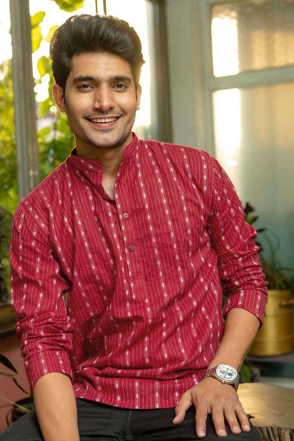 The Maroon Short Kurta With Striped Self Work