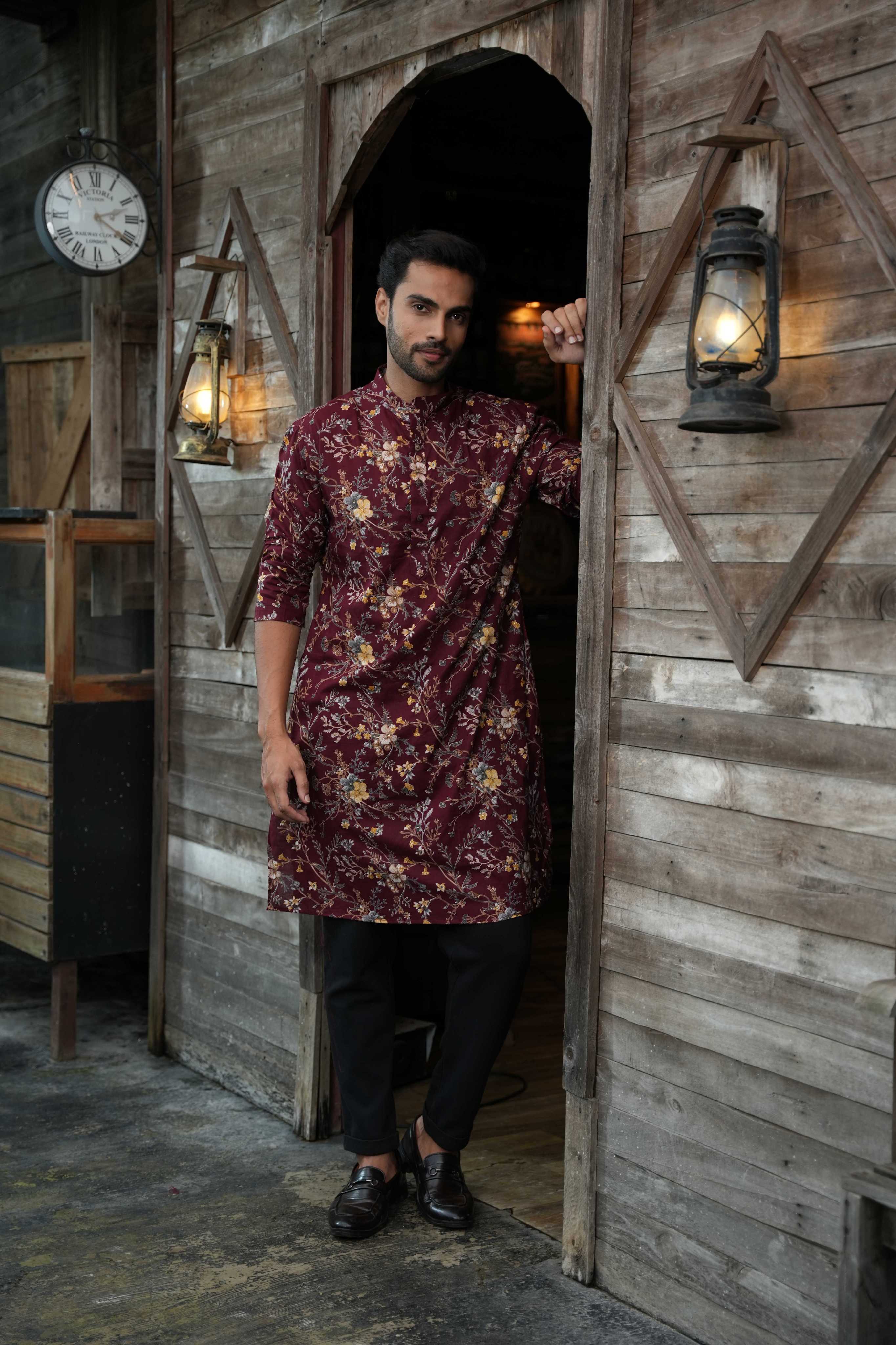 The Maroon Golden Garden Long Kurta