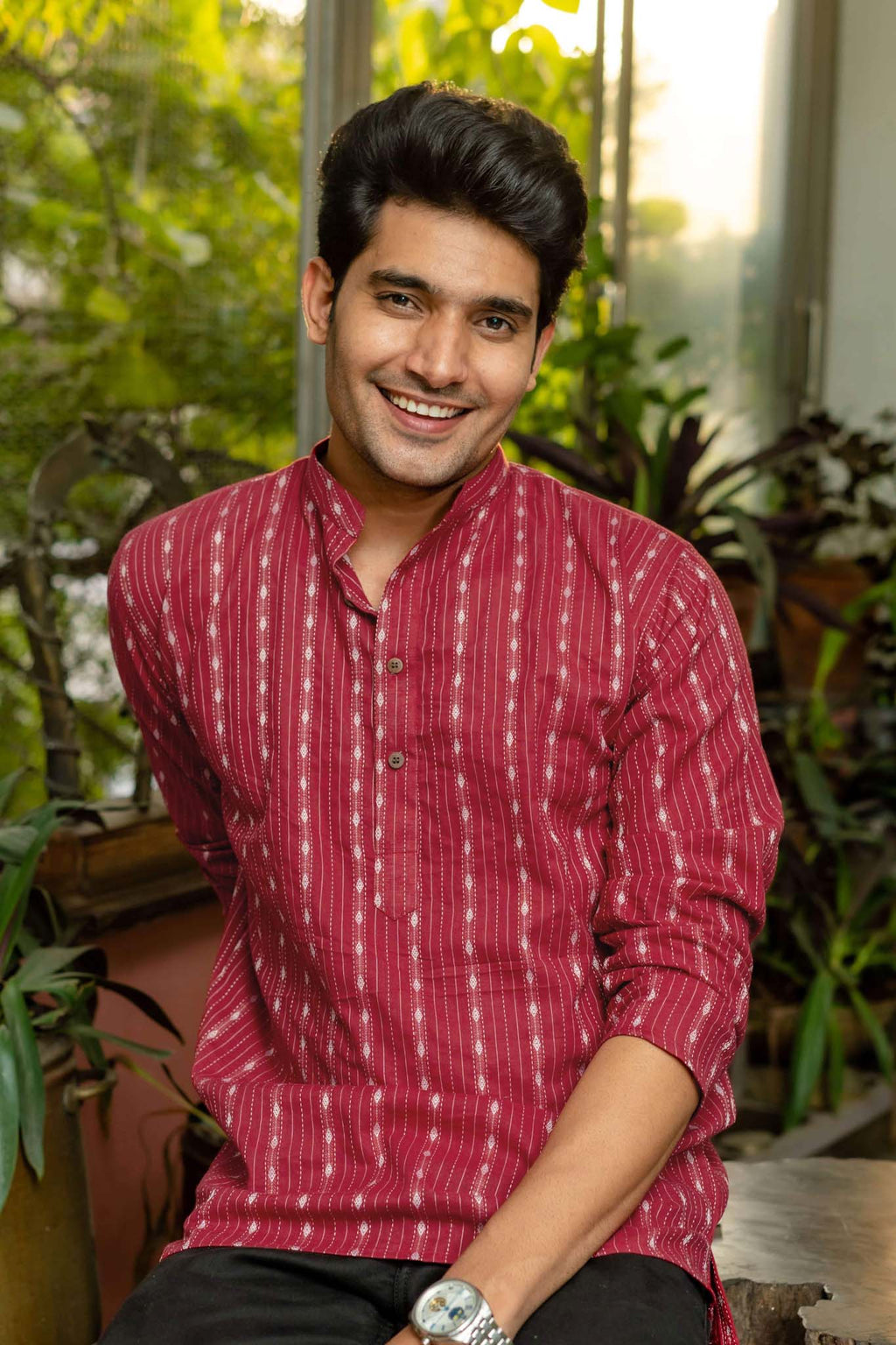 The Maroon Short Kurta With Striped Self Work