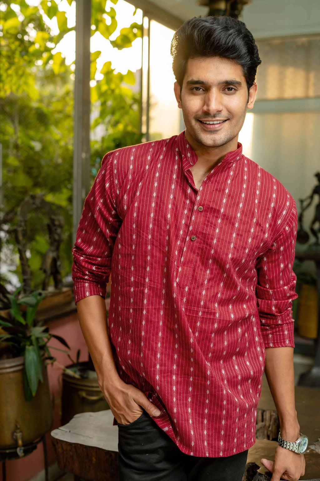 The Maroon Short Kurta With Striped Self Work