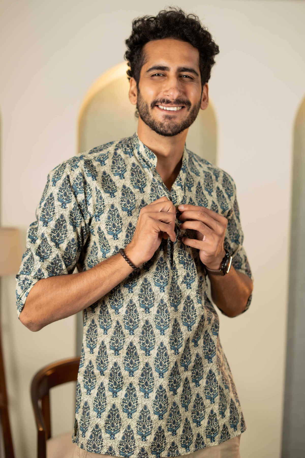 The Aloe Green Short Kurta With Blue Mughal Print