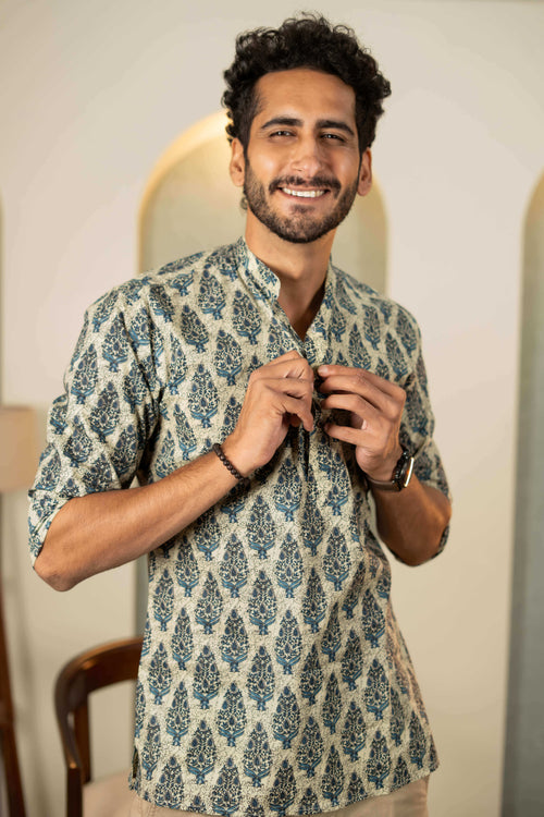 The Aloe Green Short Kurta With Blue Mughal Print