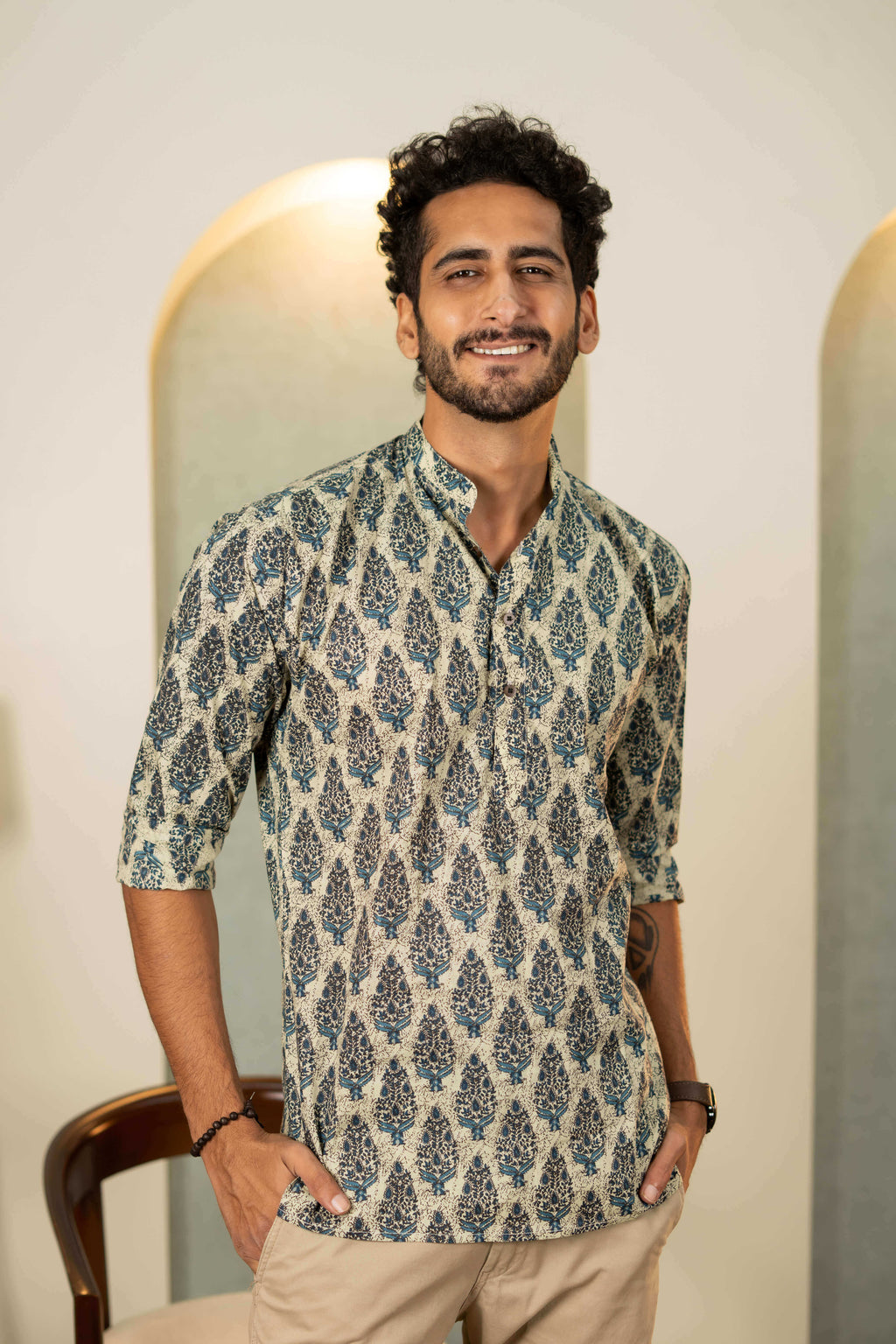 The Aloe Green Short Kurta With Blue Mughal Print