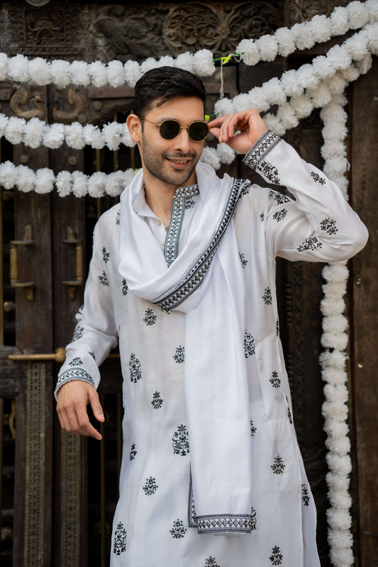 The White Long Kurta With Black Embroidery and Sequins Work With Dupatta Set