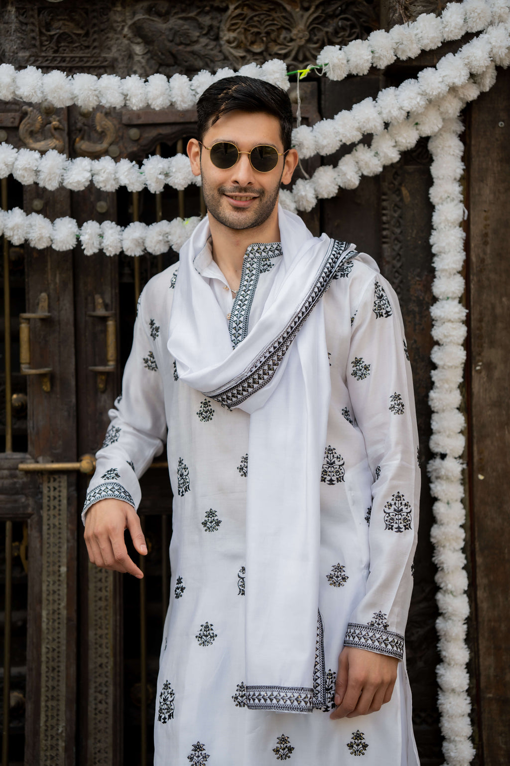 The White Long Kurta With Black Embroidery and Sequins Work With Dupatta Set