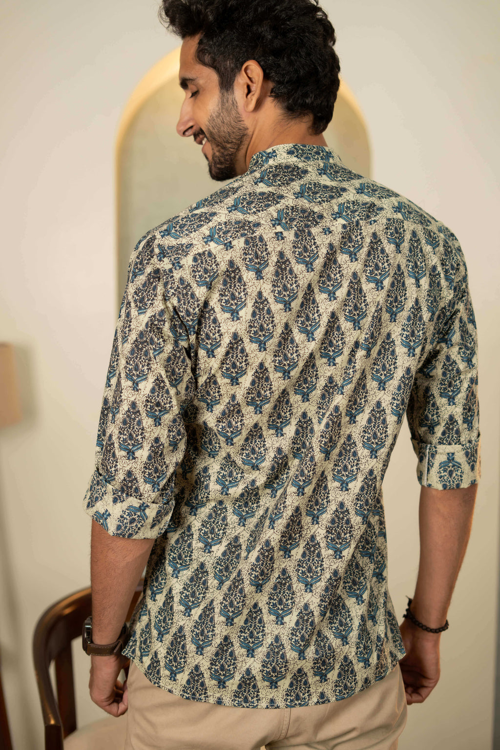 The Aloe Green Short Kurta With Blue Mughal Print