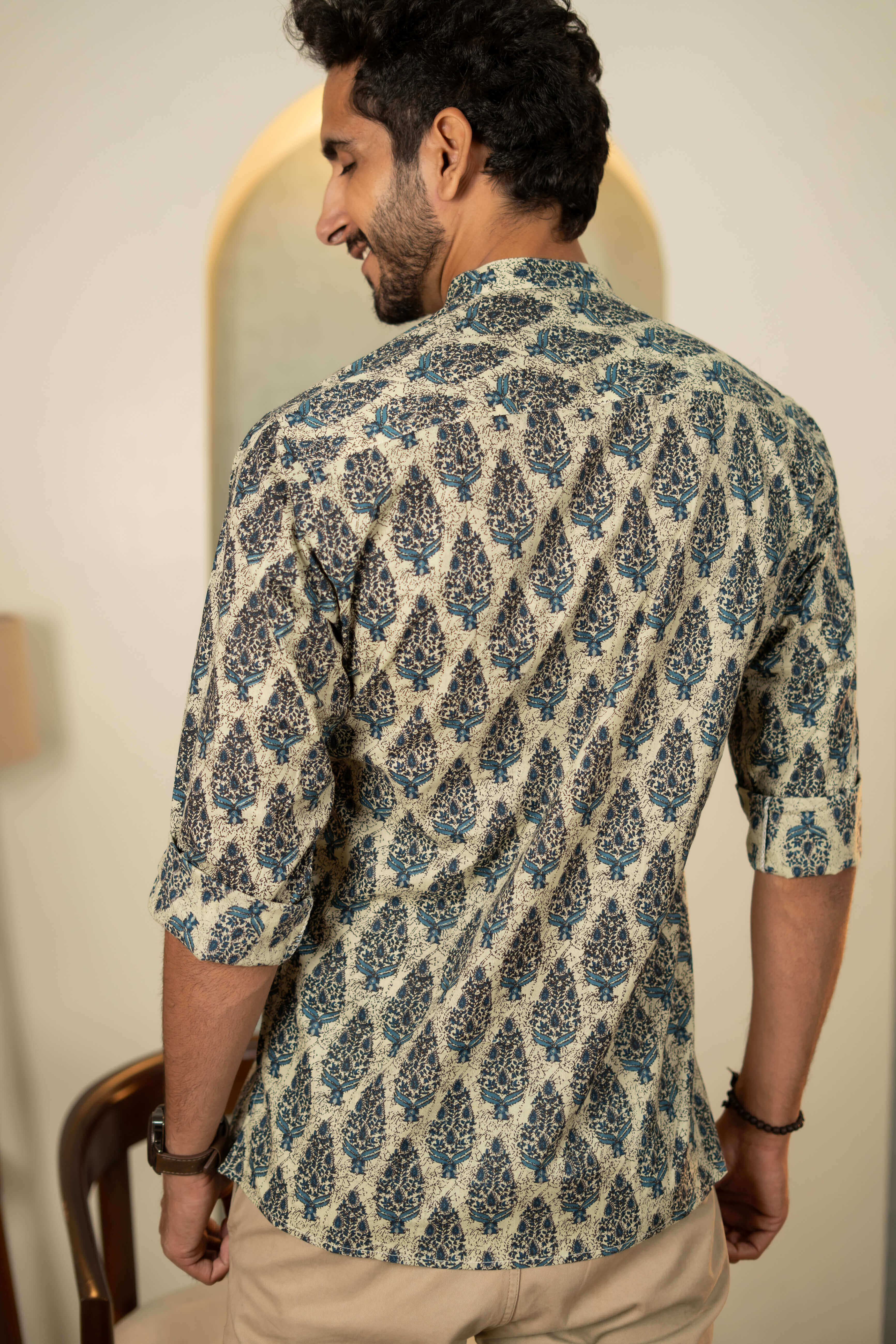 The Aloe Green Short Kurta With Blue Mughal Print
