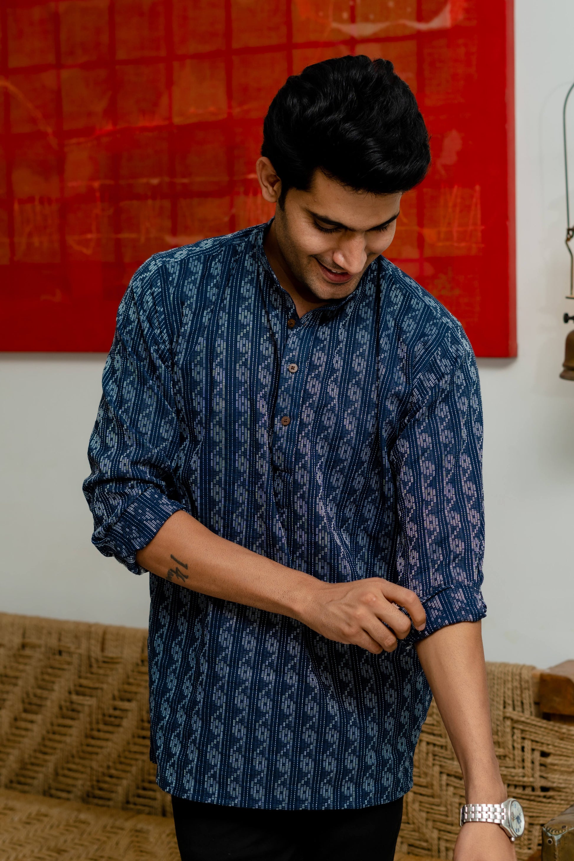 Navy blue short kurta for men