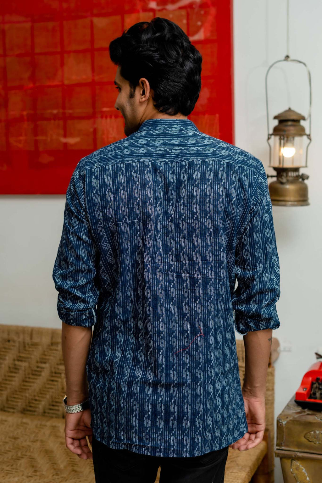 The Navy Blue Short Kurta With Striped Self Work