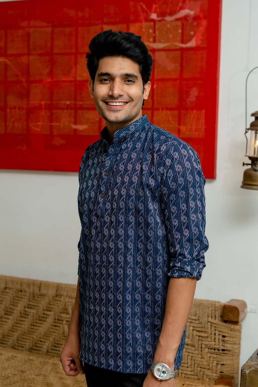 The Navy Blue Short Kurta With Striped Self Work