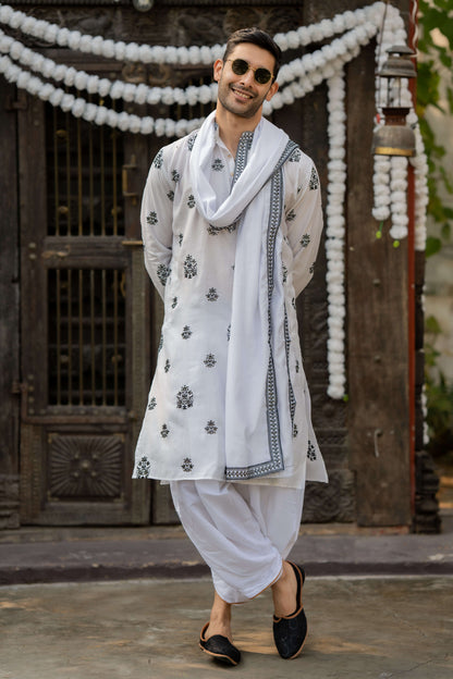 The White Long Kurta With Black Embroidery and Sequins Work With Dupatta Set