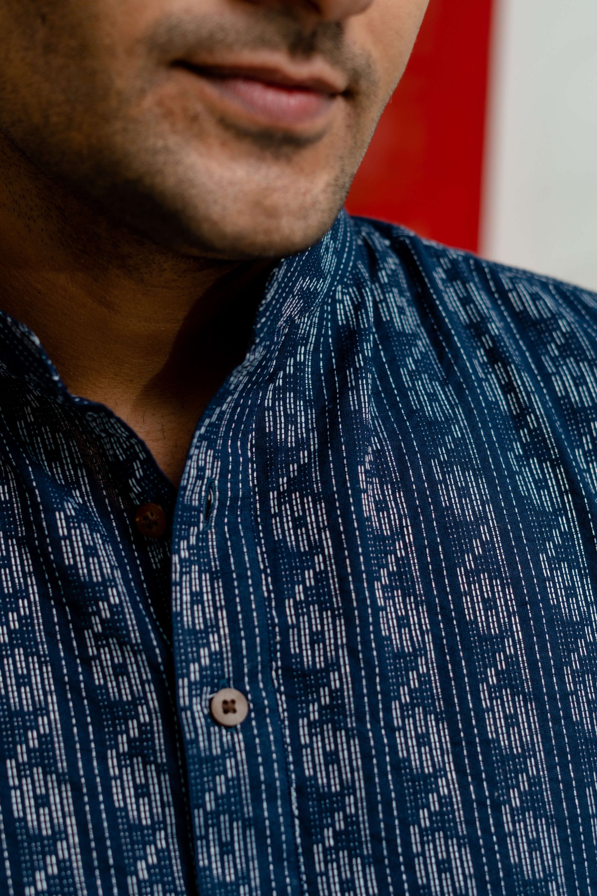 Navy blue short kurta for men with striped self work
