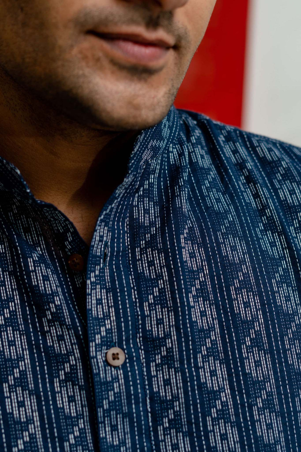 The Navy Blue Short Kurta With Striped Self Work