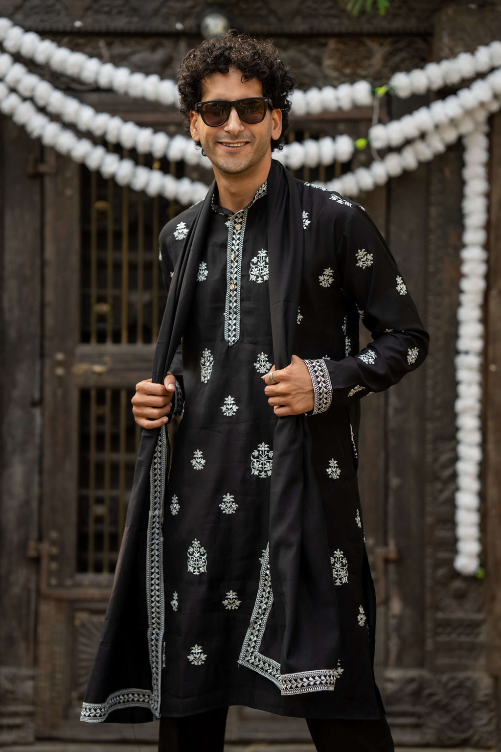 The Black Long Kurta With White Embroidery and Sequins Work With Dupatta and Pajama