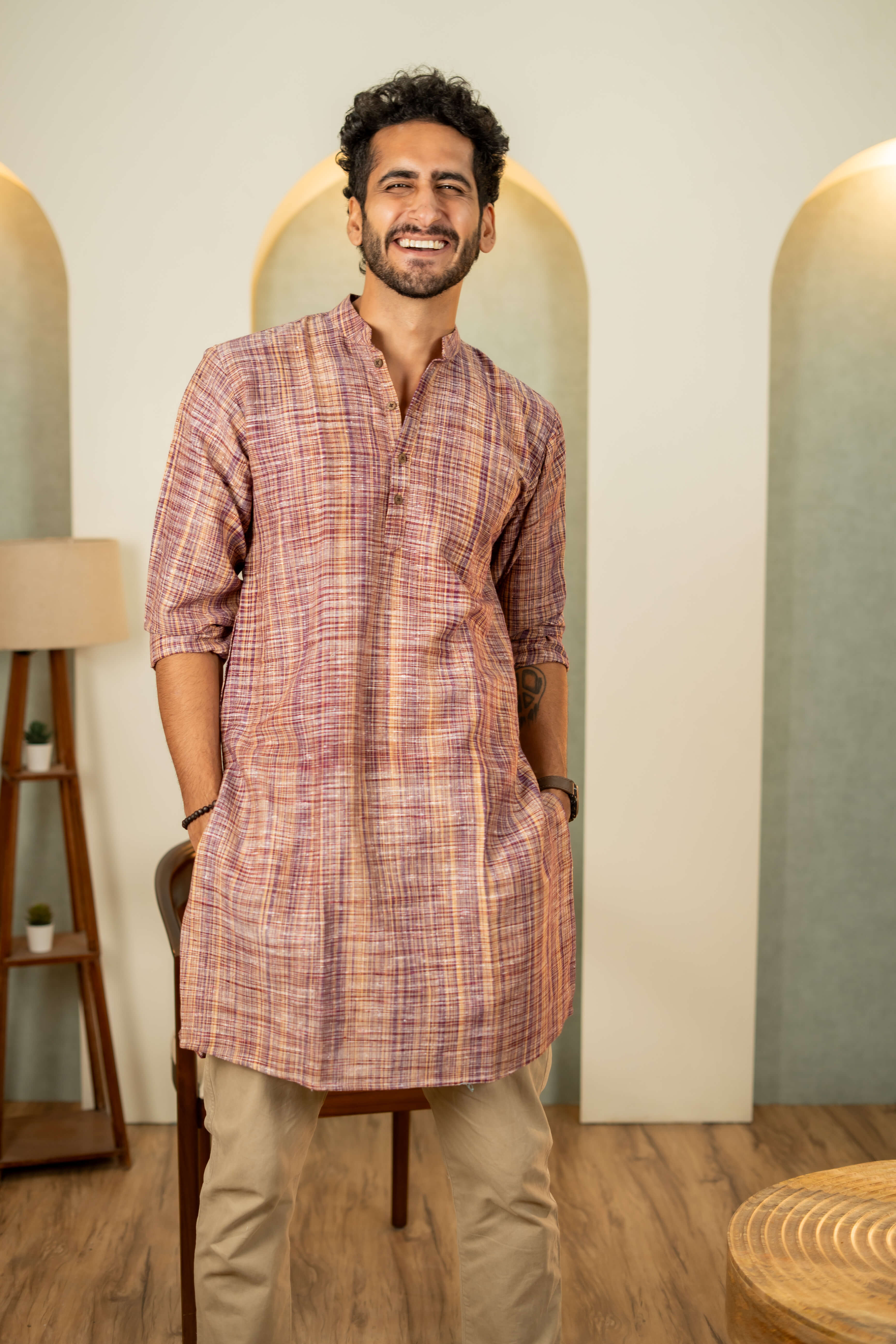 The Rustic Handwoven Long Kurta in Reddish Grey and Light Brown Color