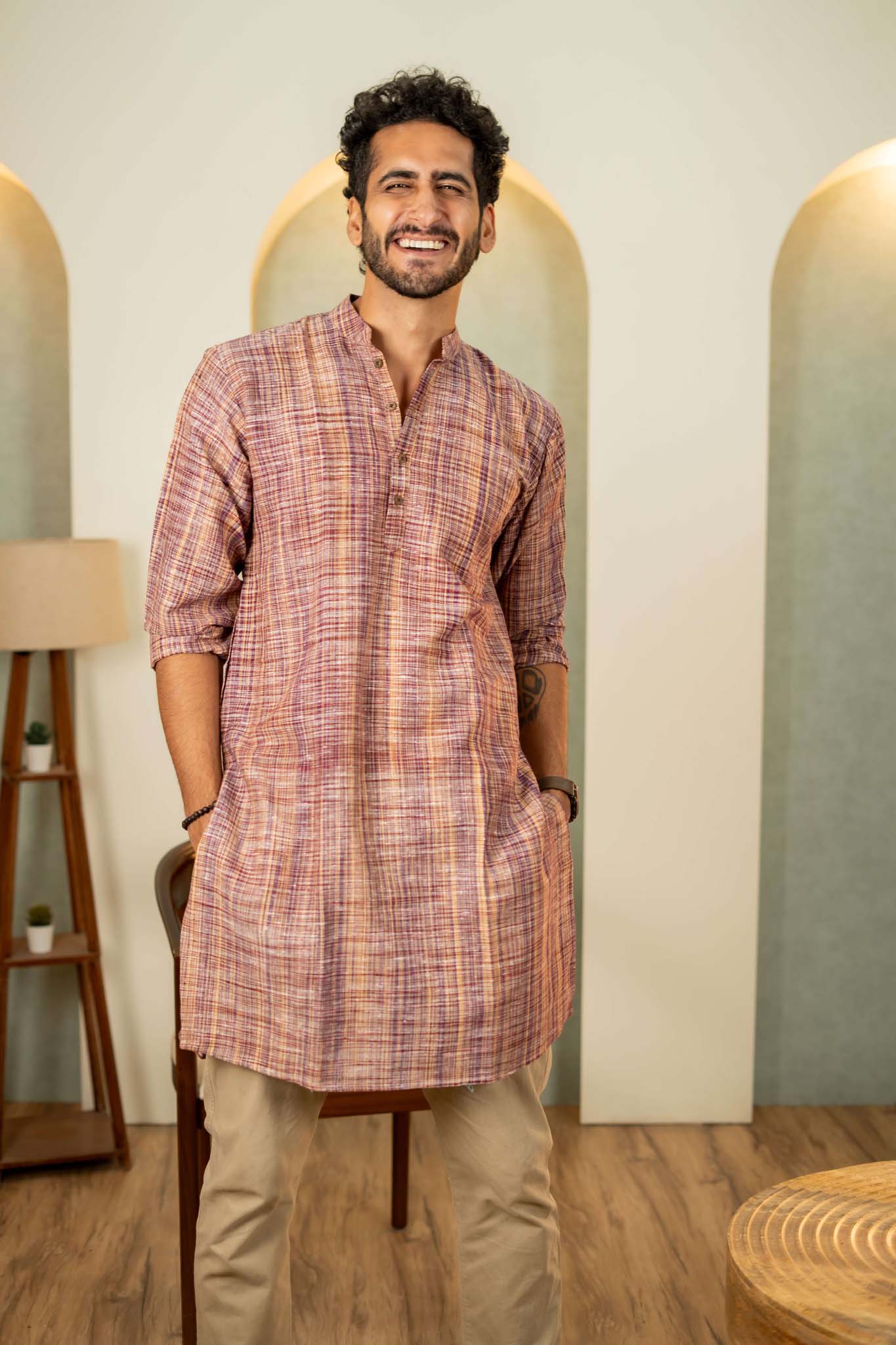 The Rustic Handwoven Long Kurta in Reddish Grey and Light Brown Color