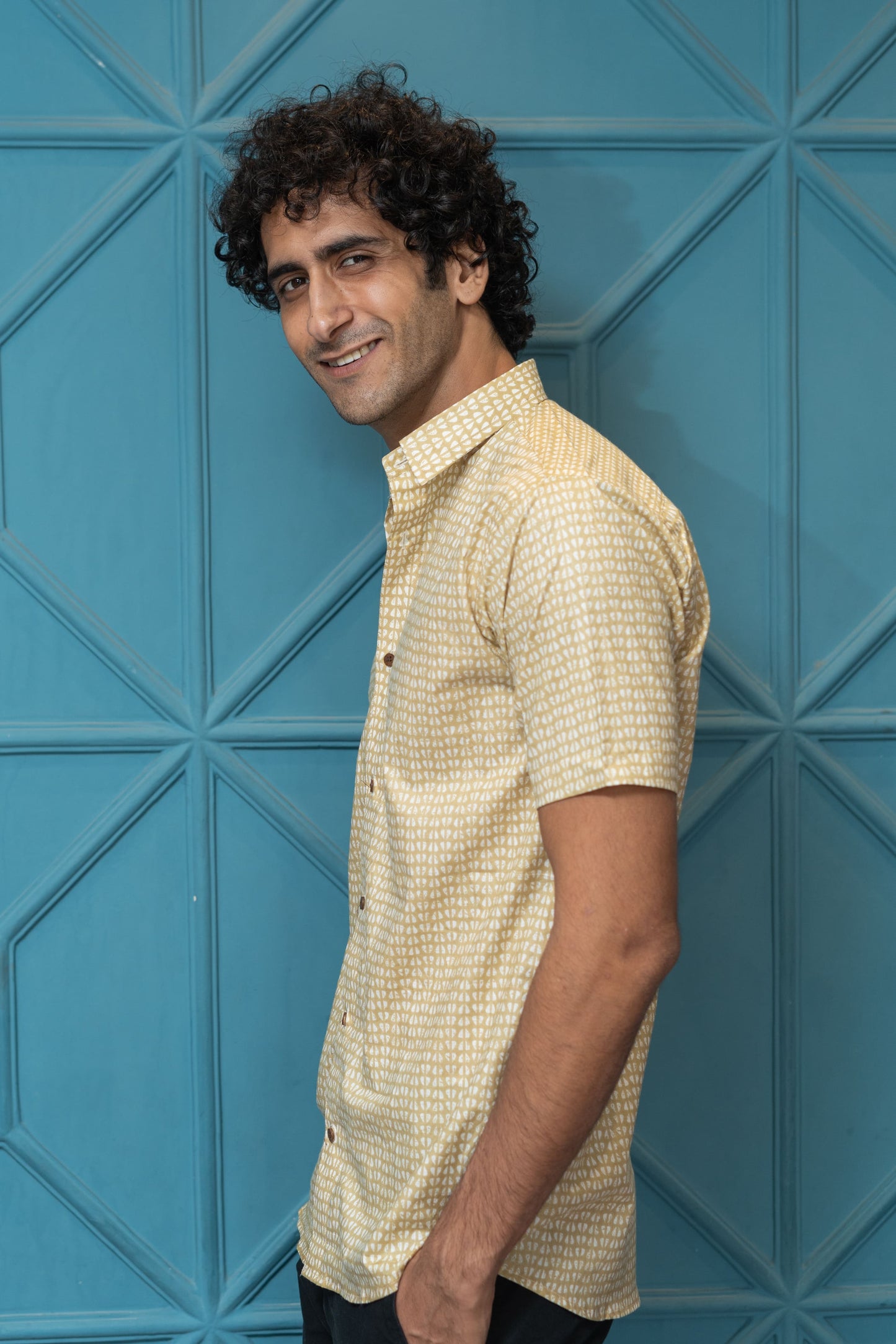 The Light Mustard Tribal Print Half Sleeves Shirt