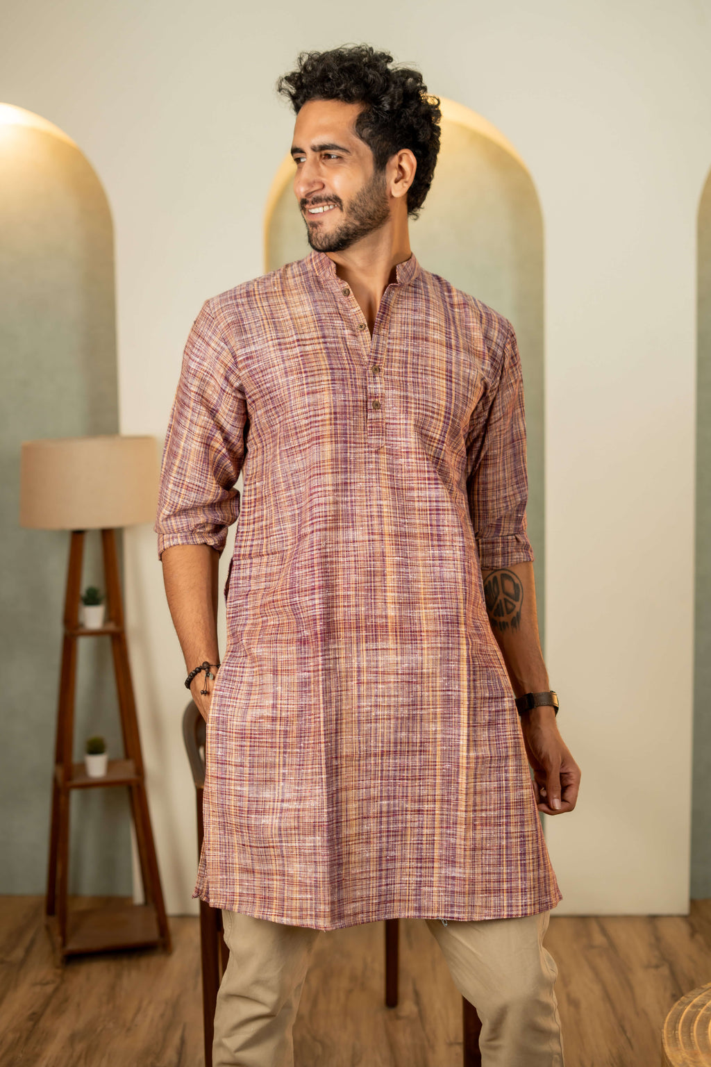 The Rustic Handwoven Long Kurta in Reddish Grey and Light Brown Color