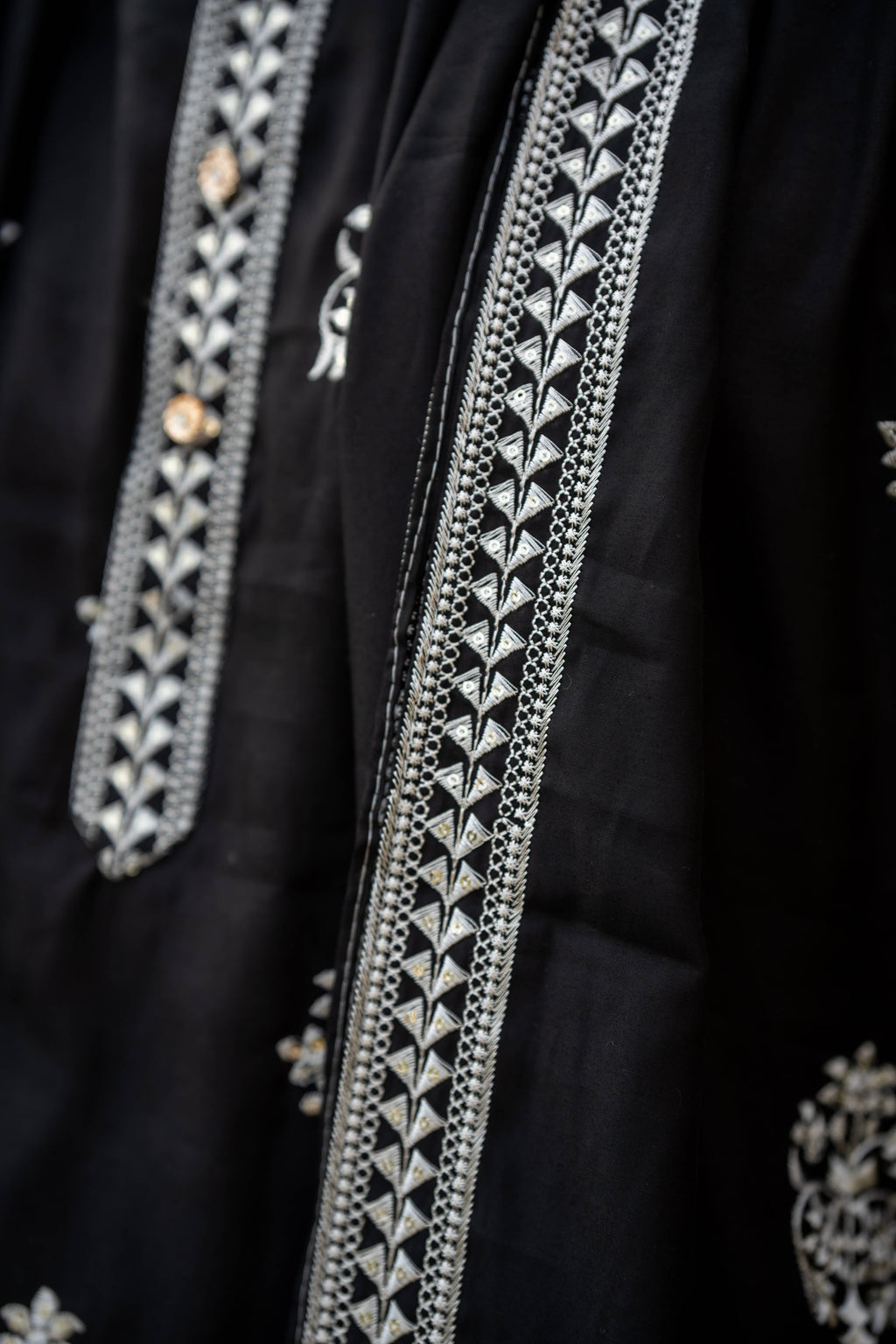 The Black Long Kurta With White Embroidery and Sequins Work With Dupatta and Pajama