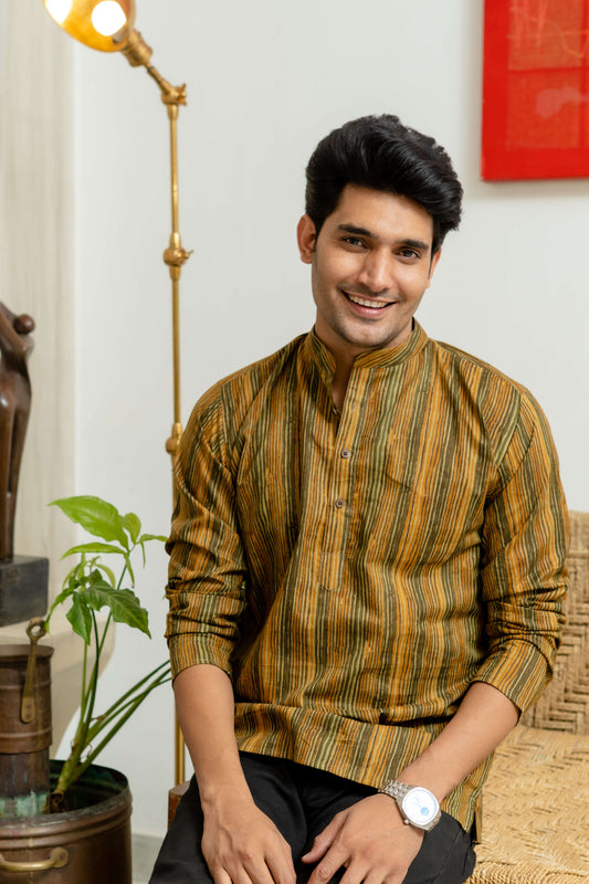 The Mustard And Olive Green Tribal Stripe Print Short Kurta