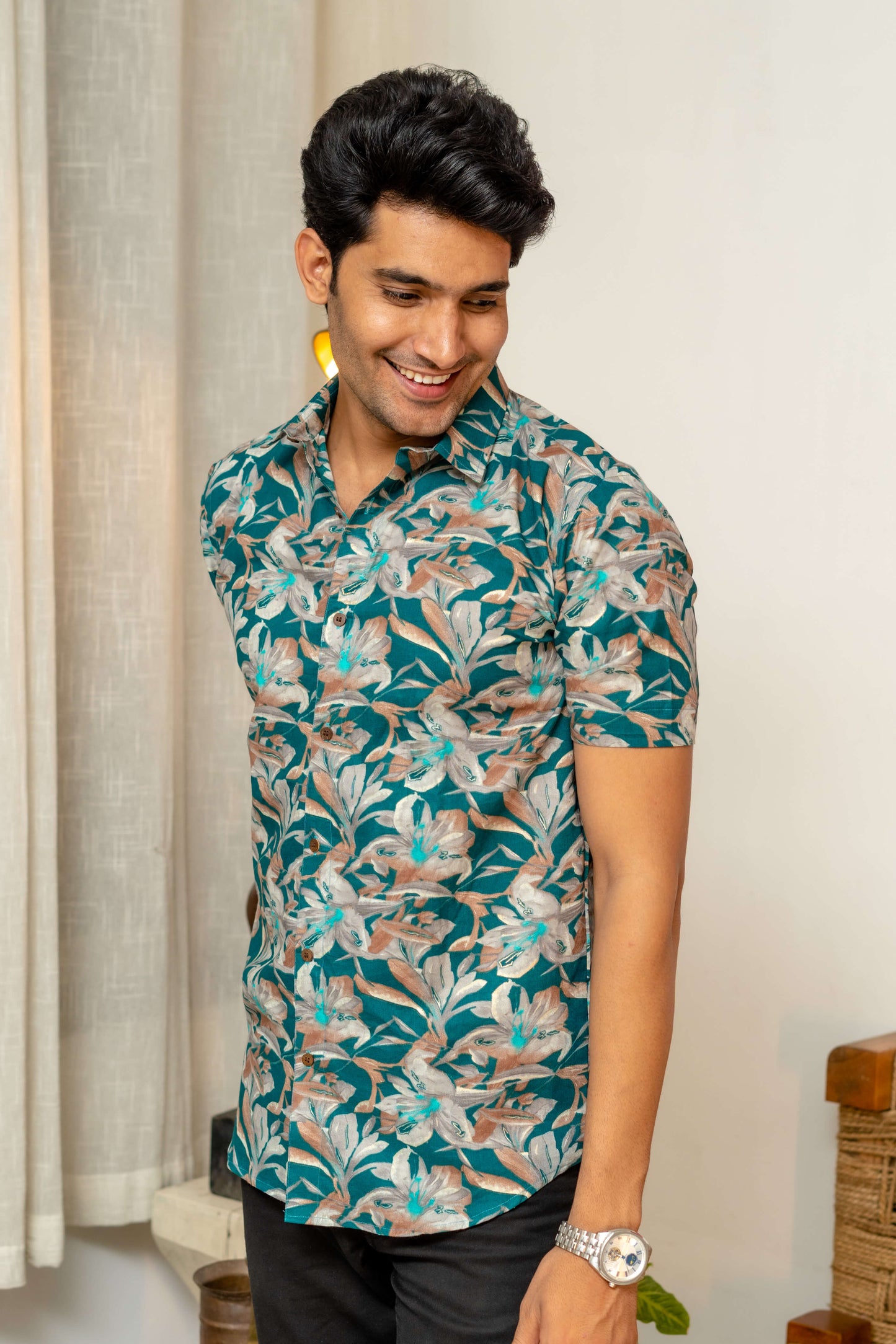 The Sea Green Half Sleeves Shirt With Foil Print