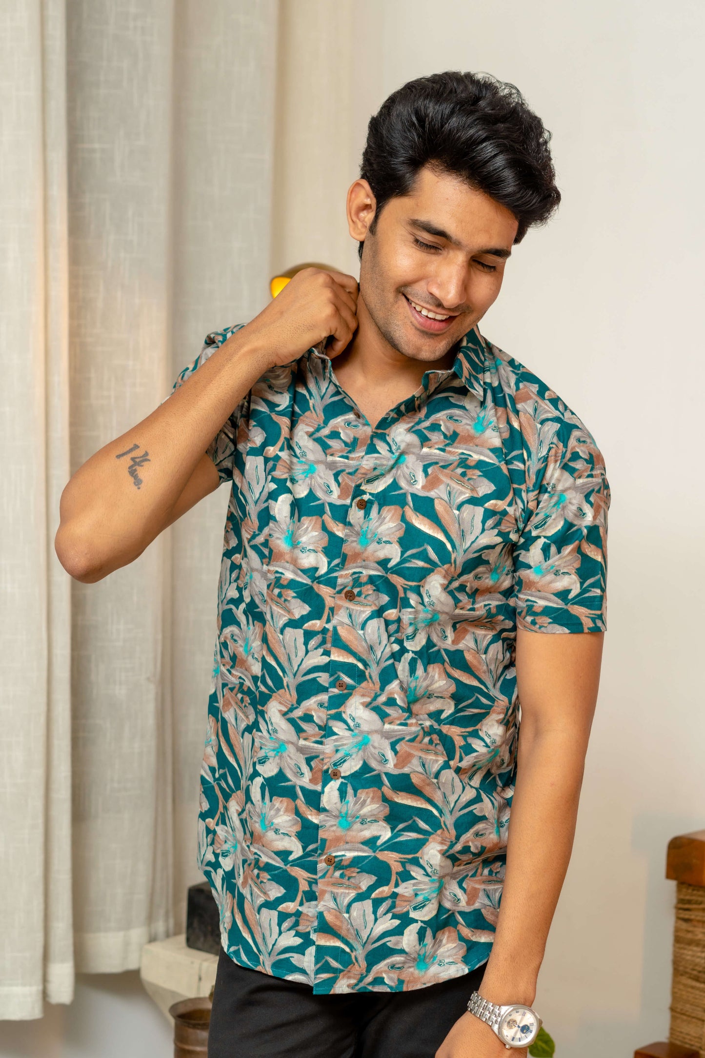 The Sea Green Half Sleeves Shirt With Foil Print