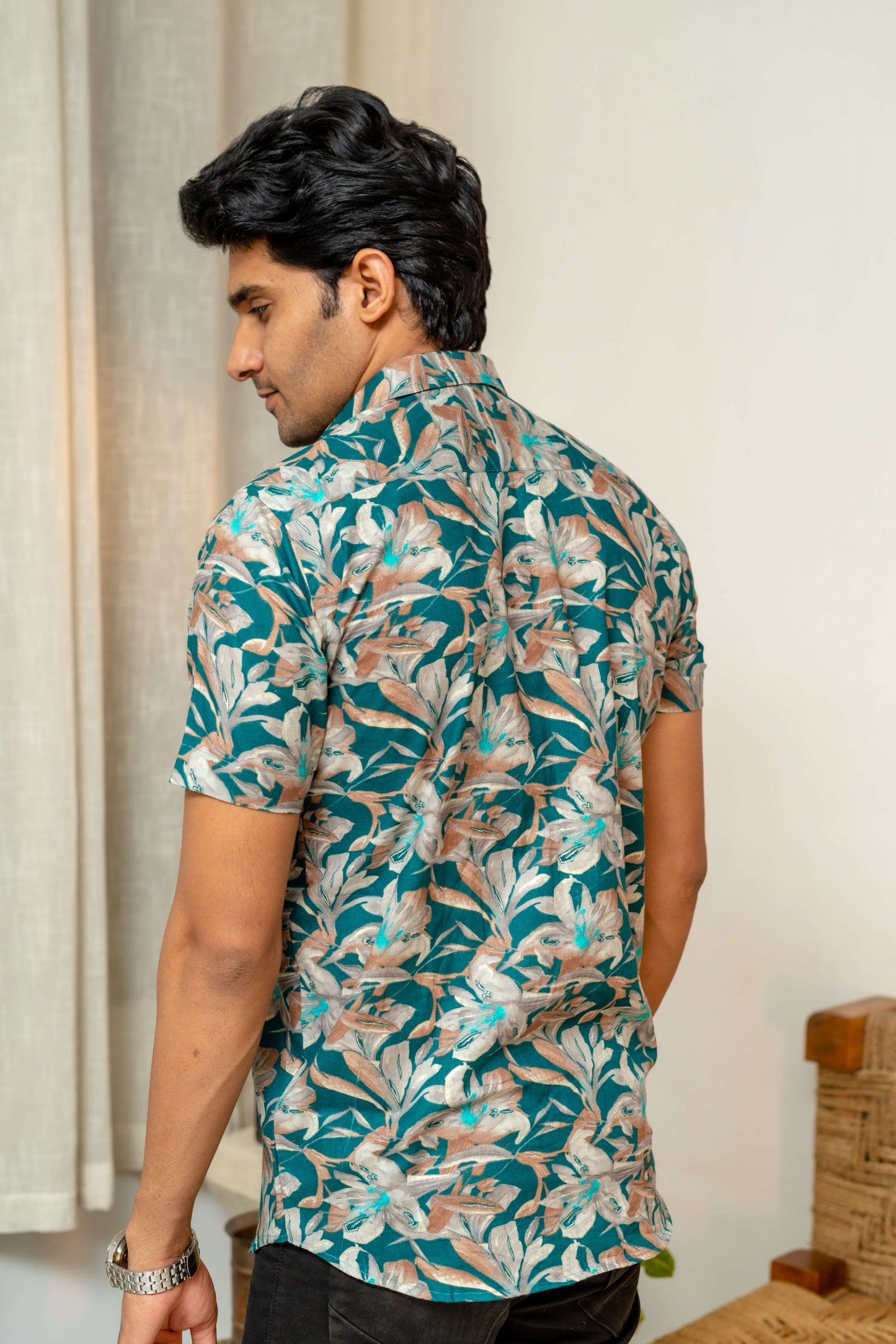The Sea Green Half Sleeves Shirt With Foil Print