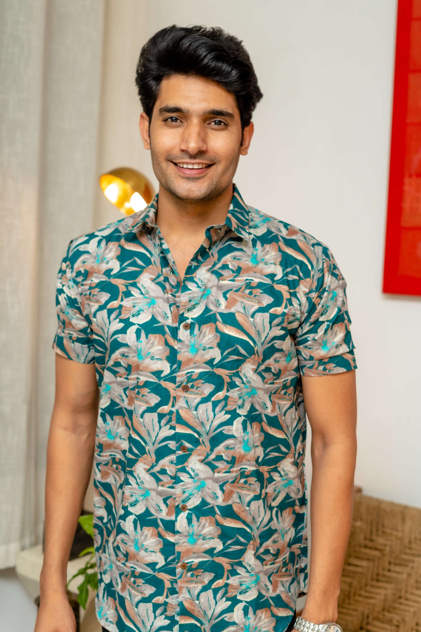The Sea Green Half Sleeves Shirt With Foil Print