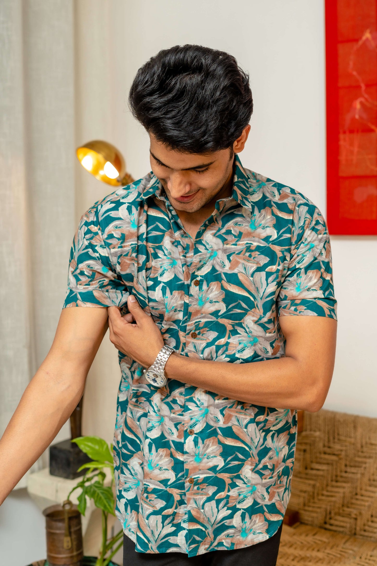 The Sea Green Half Sleeves Shirt With Foil Print