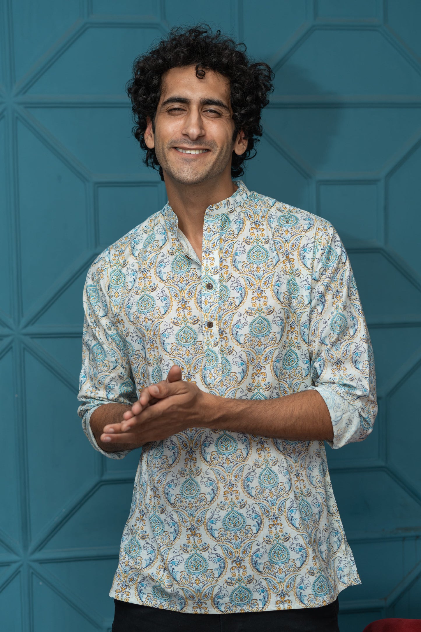 The White Short Kurta With Blue Ethnic Floral Print