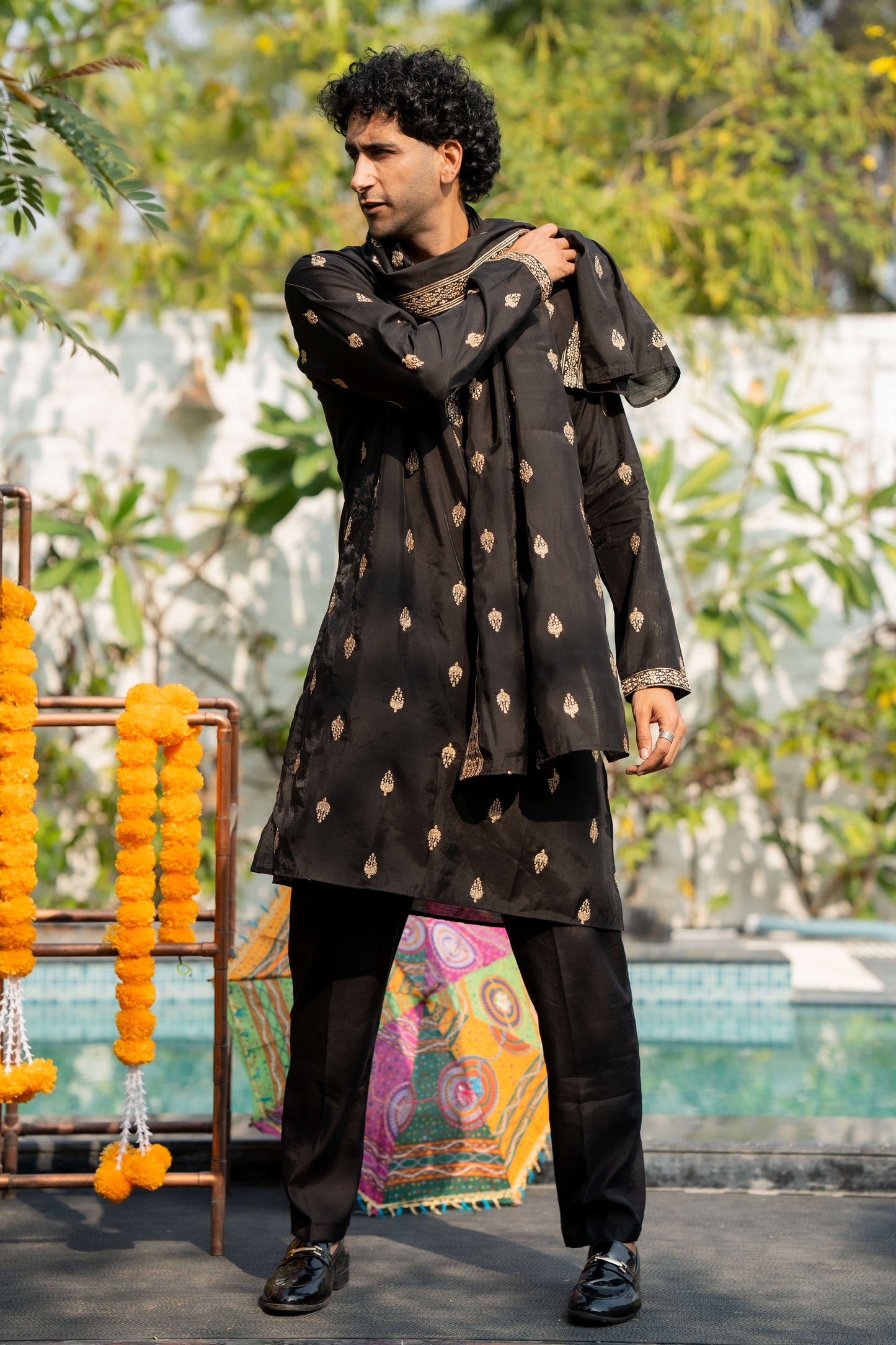 The Black Long Kurta With Butti Embroidery And Sequins Work And Dupatta and Pajama