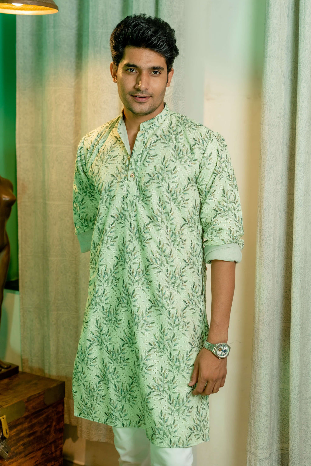 The Green Petal Print Chikan Kari Long Kurta