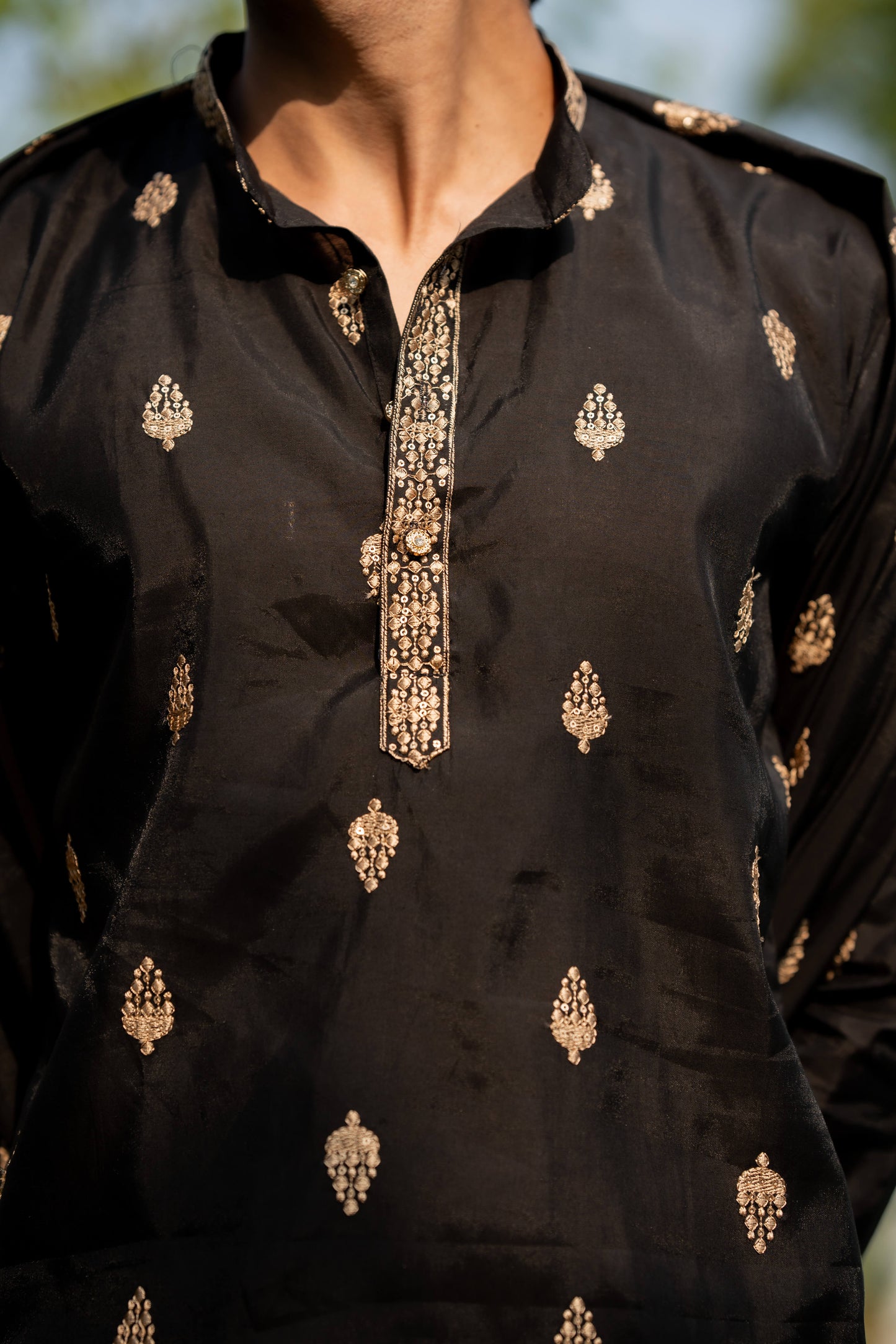 The Black Long Kurta With Butti Embroidery And Sequins Work And Dupatta and Pajama