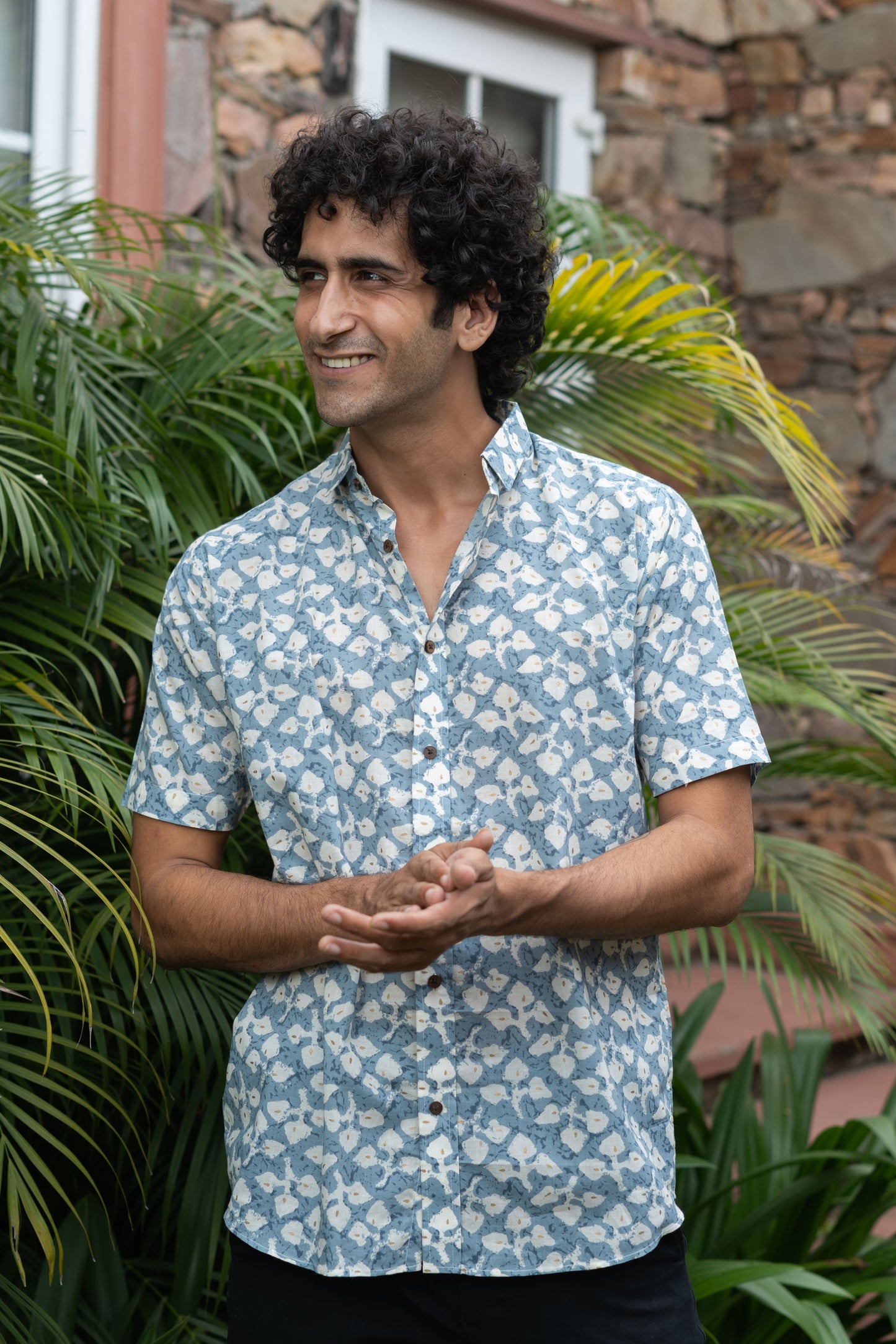 The Sky Blue Half Sleeves Shirt In Floral Foil Print