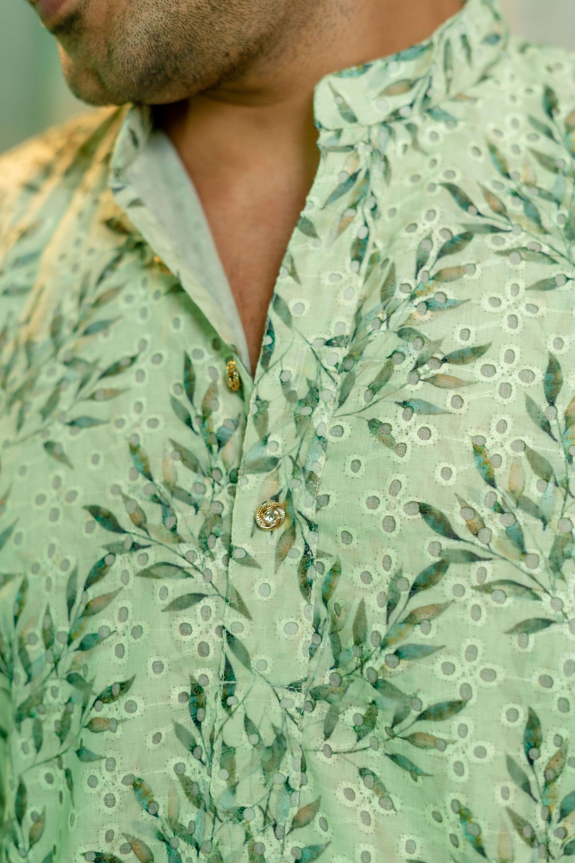 chikan kari long kurta for men close-up look