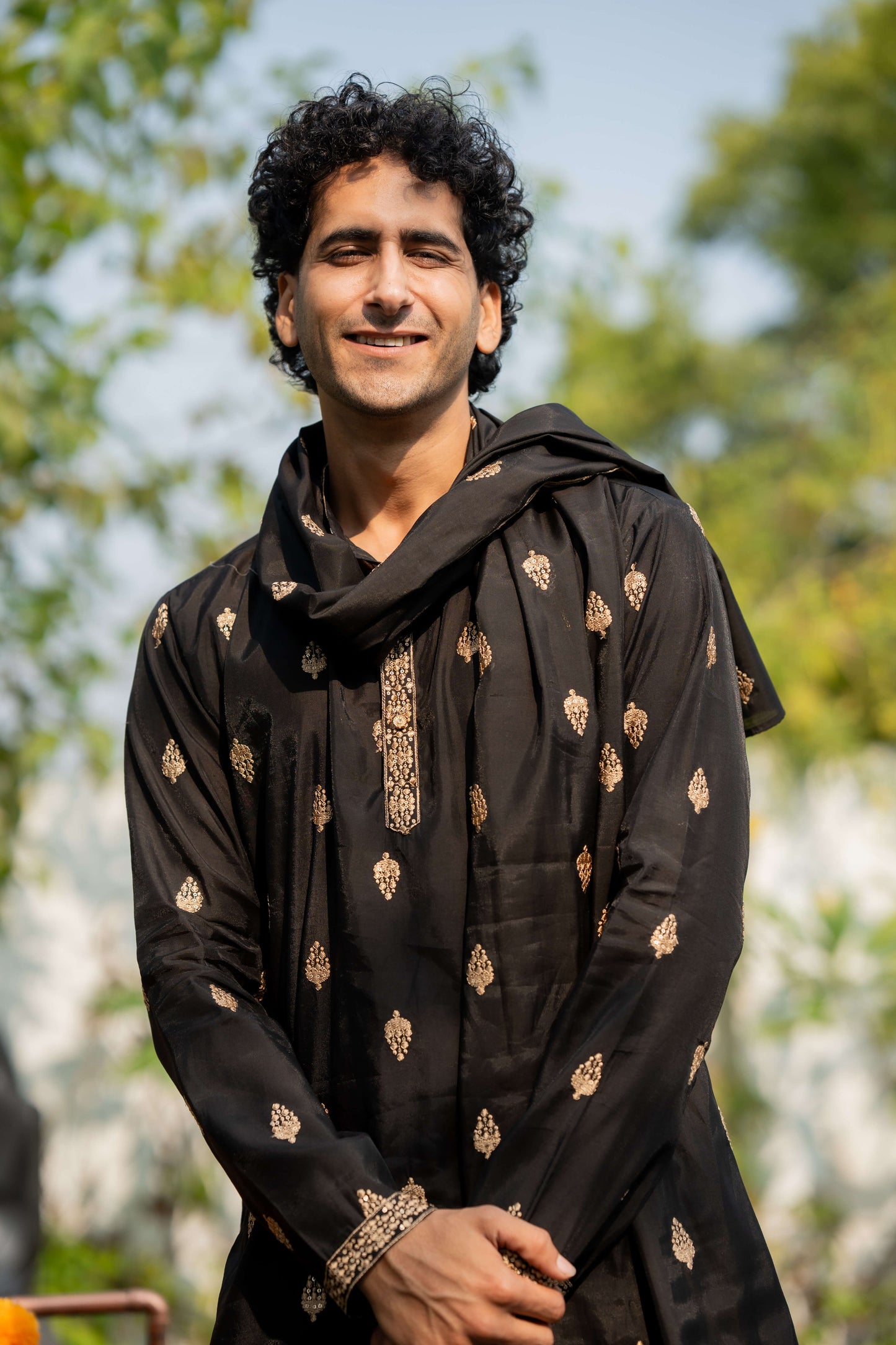 The Black Long Kurta With Butti Embroidery And Sequins Work And Dupatta and Pajama