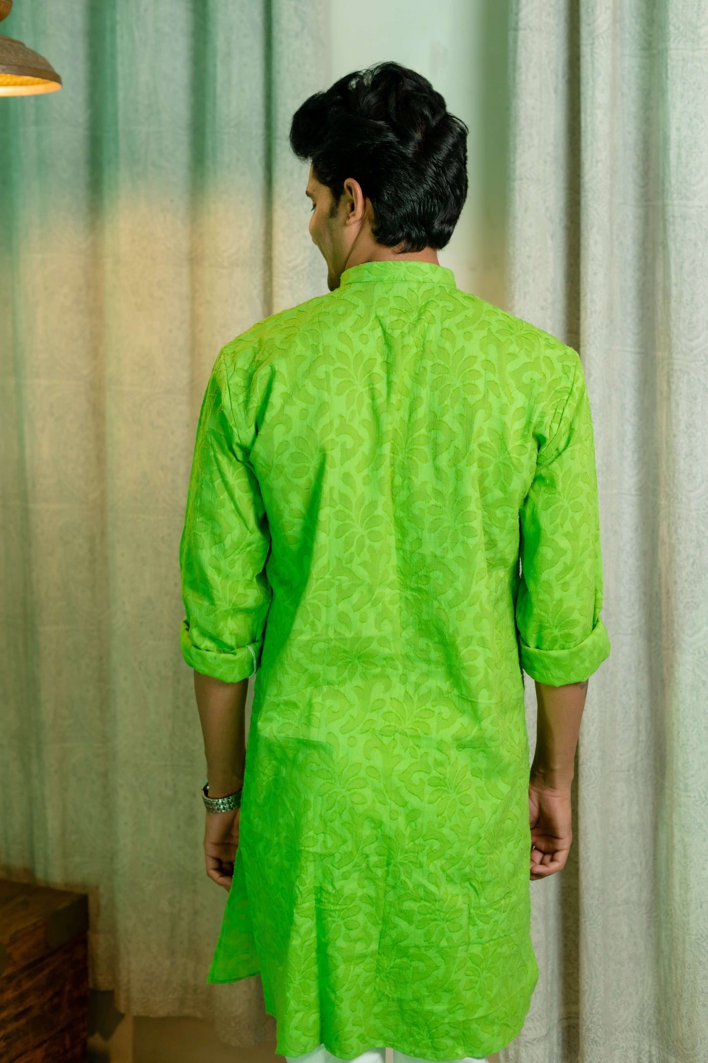 The Green Colour Long Kurta In Woven Dobby Cotton