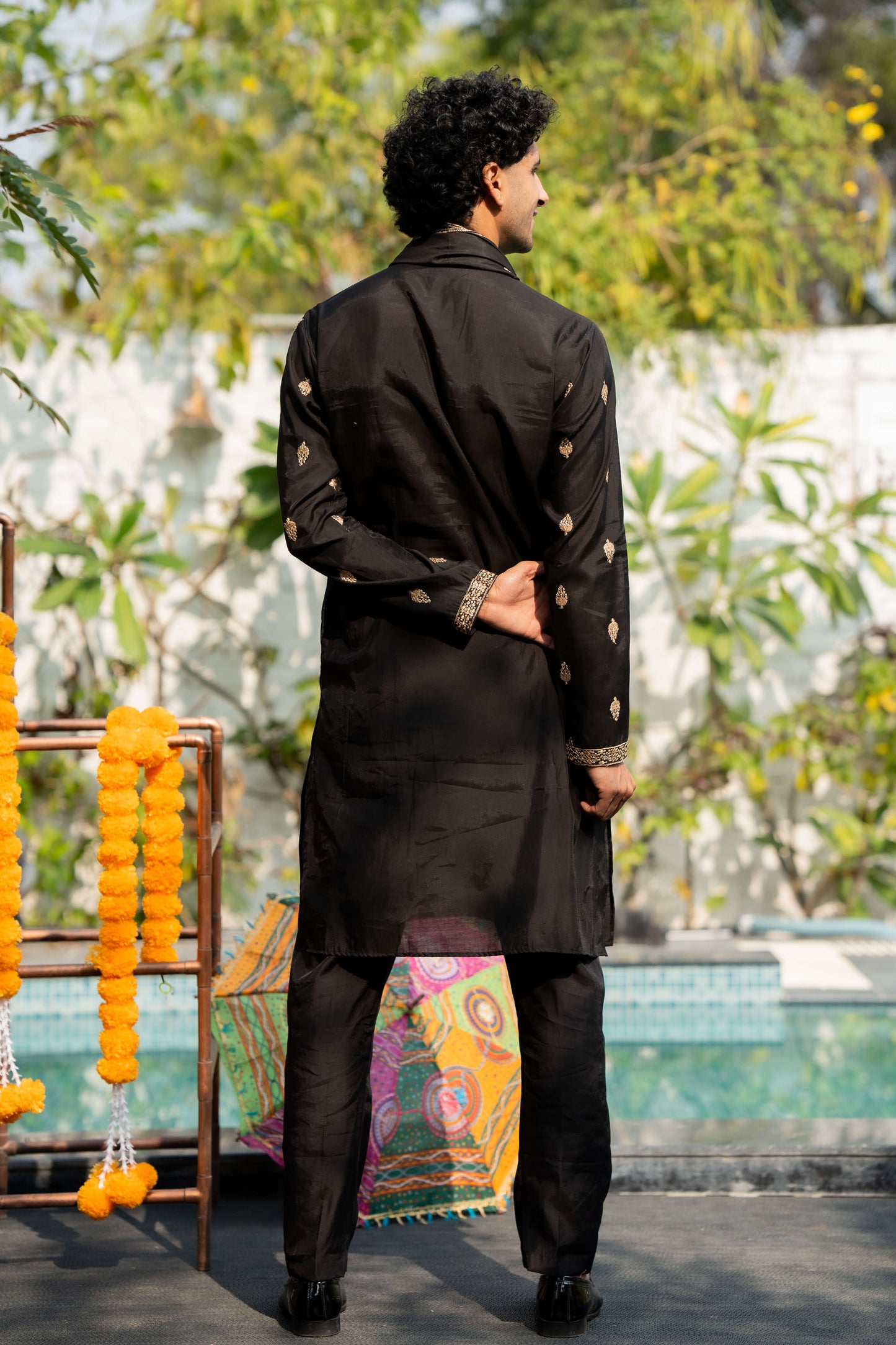 The Black Long Kurta With Butti Embroidery And Sequins Work And Dupatta and Pajama
