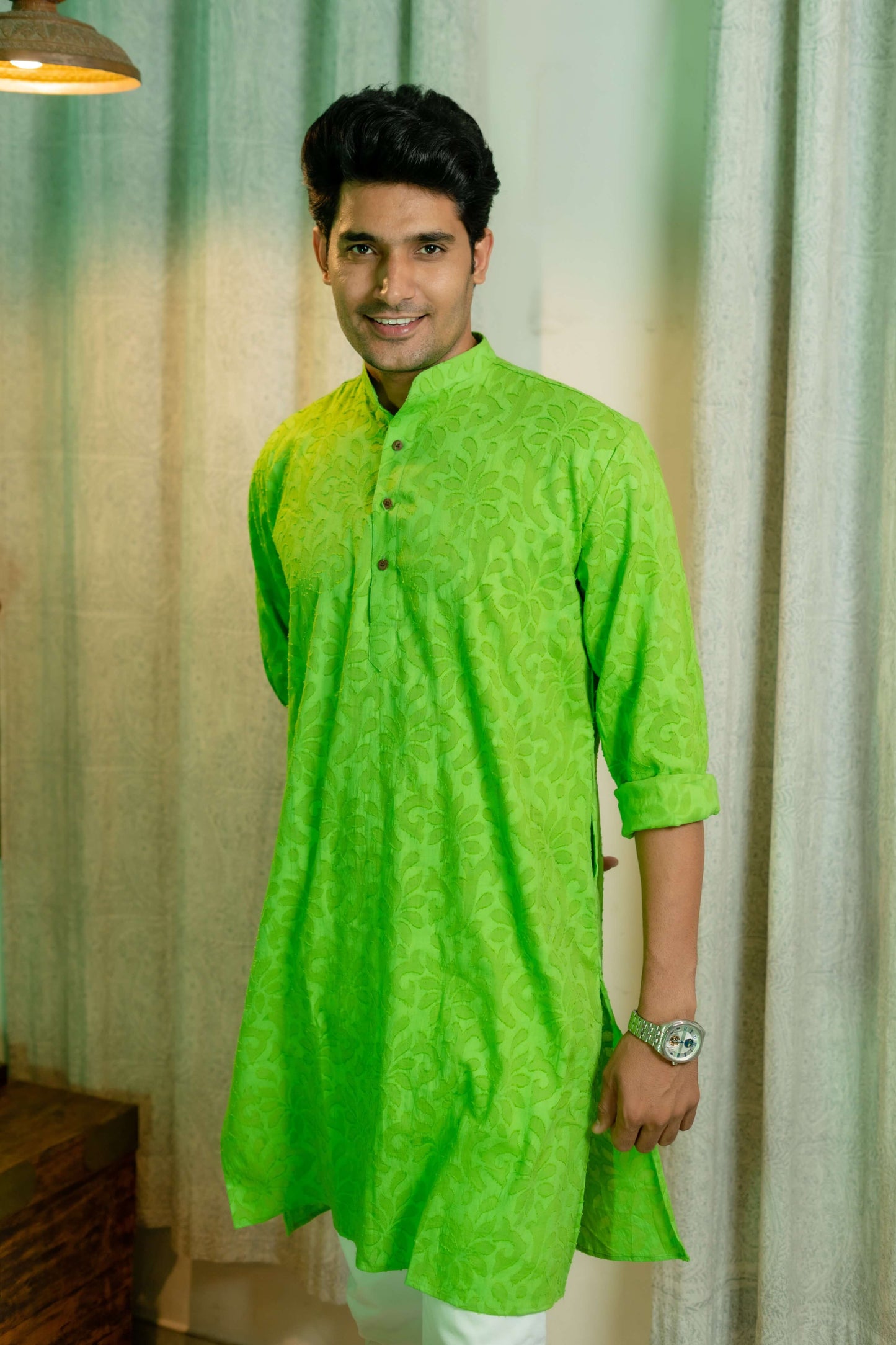 An Indian Men Wearing Men's Green Long Kurta