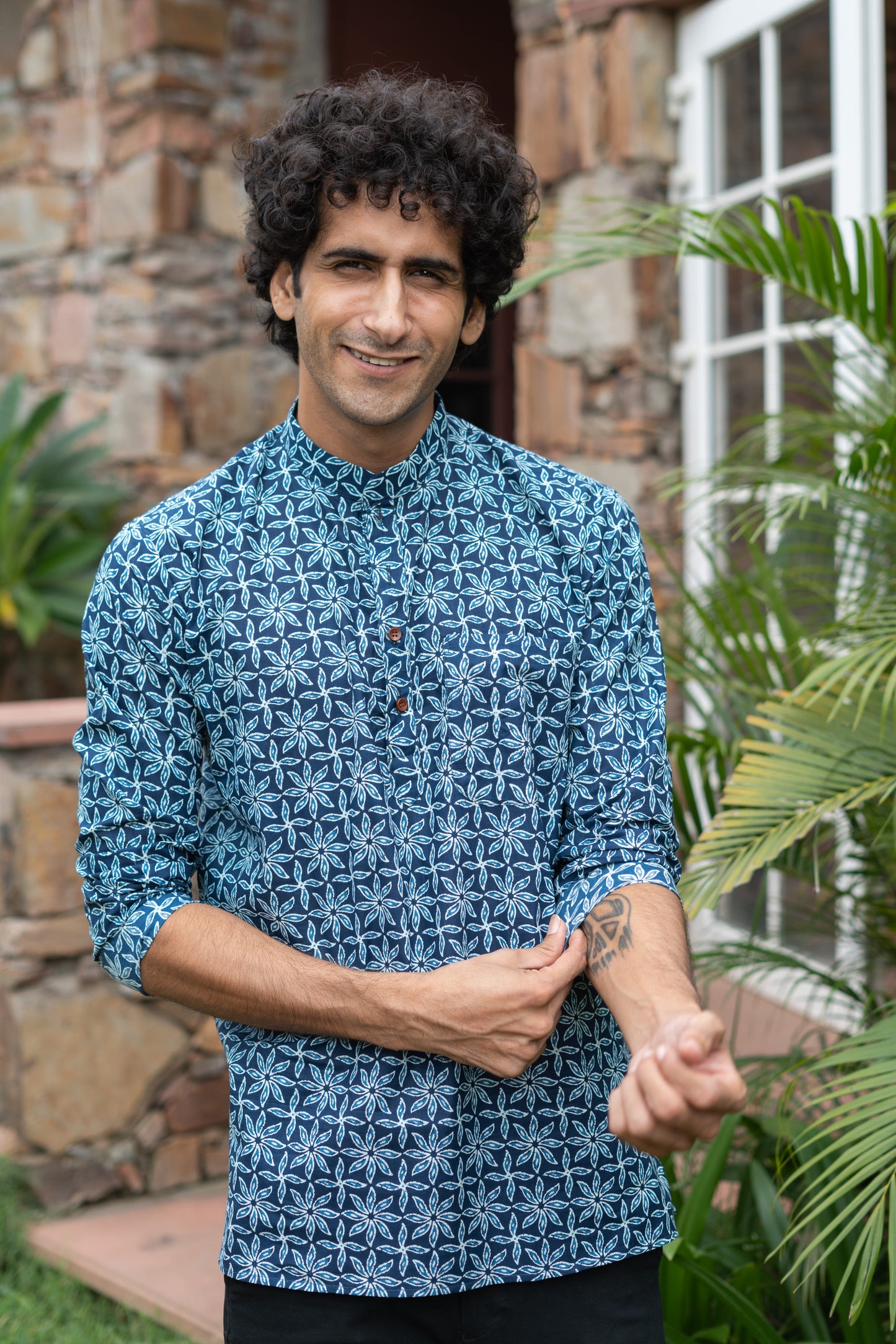 The Navy Blue All-Over Floral Print Short Kurta