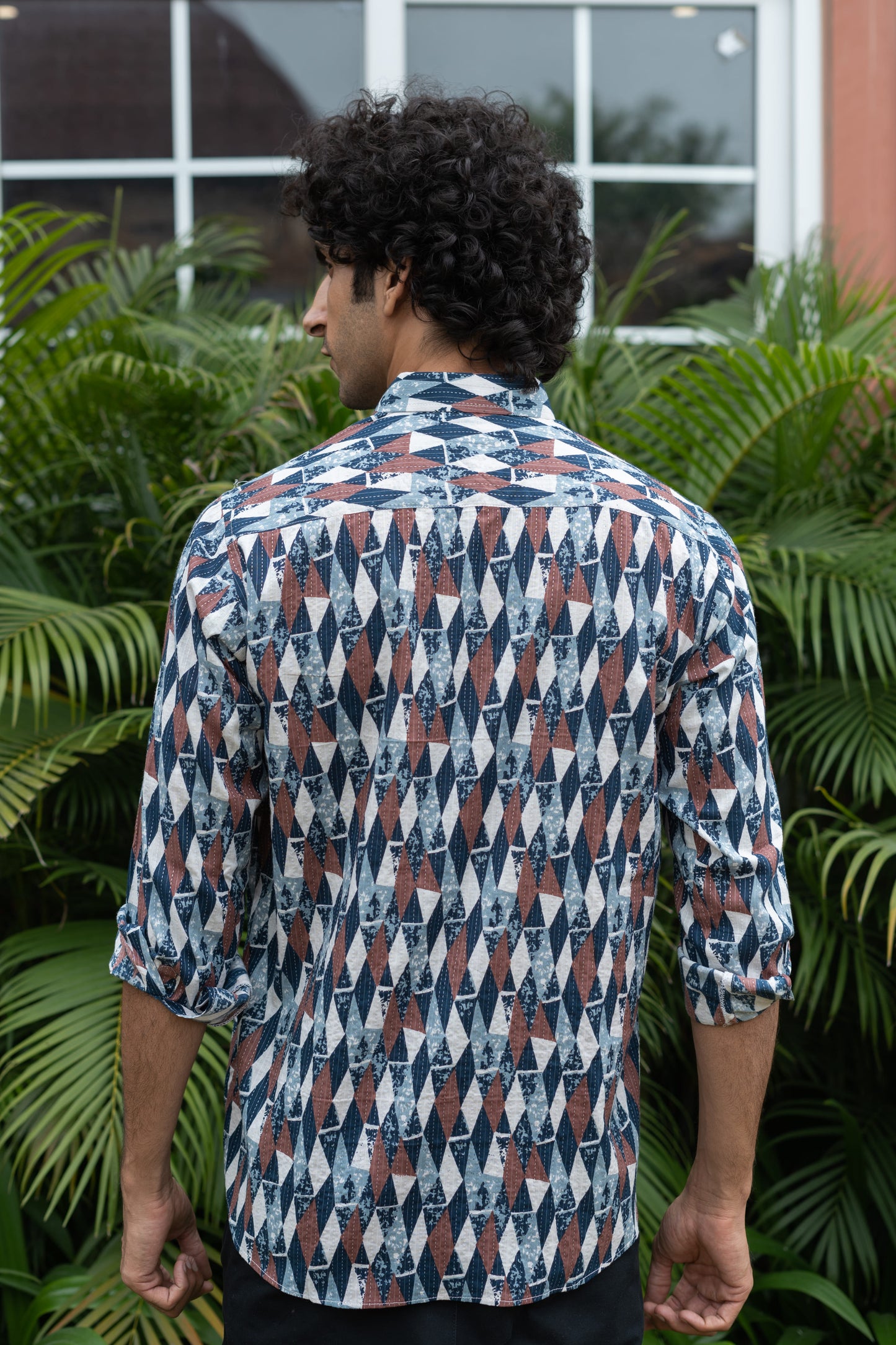 The Blue-White Abstract Geometric Print Kantha Work Shirt