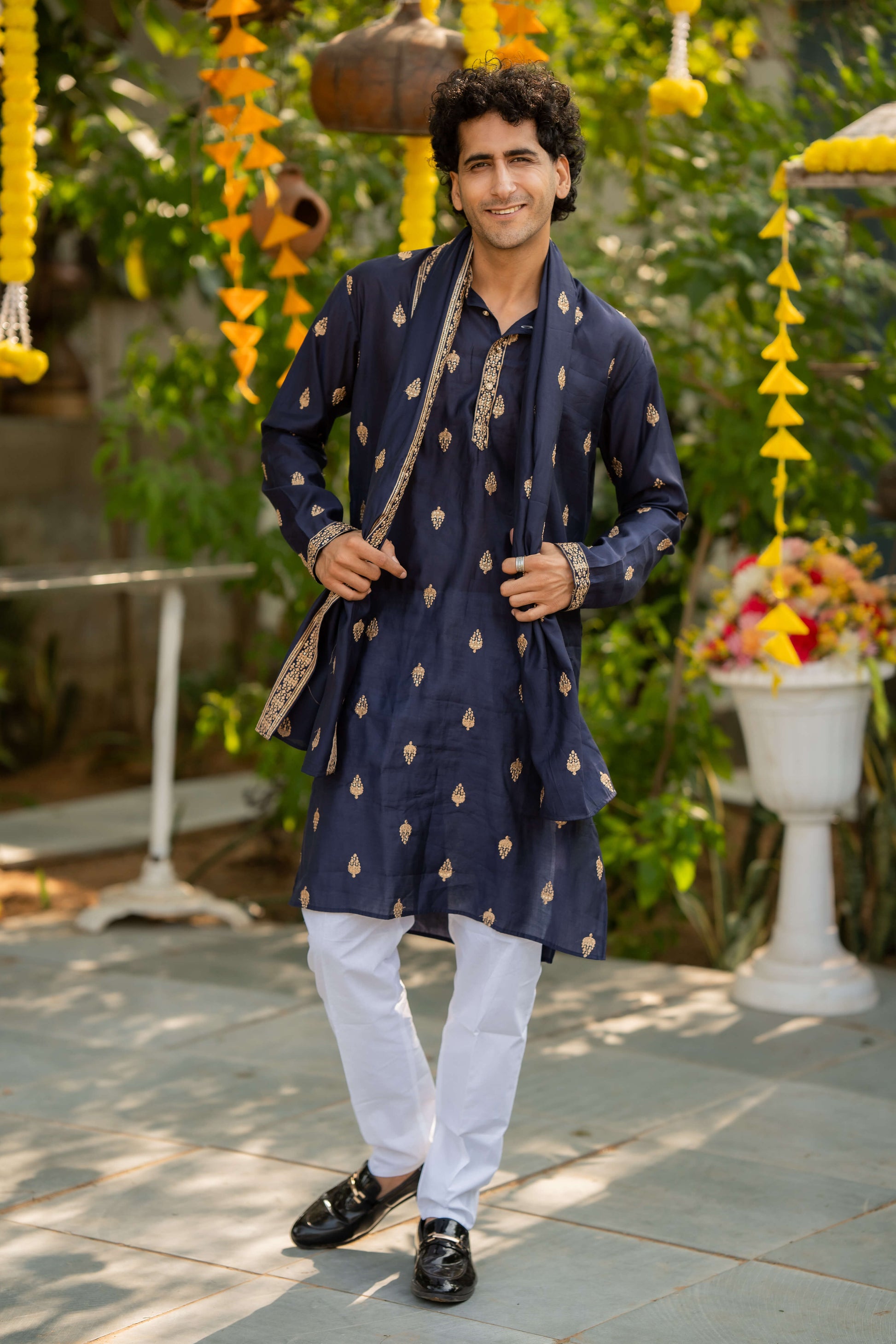 Blue long kurta for men with dupatta.