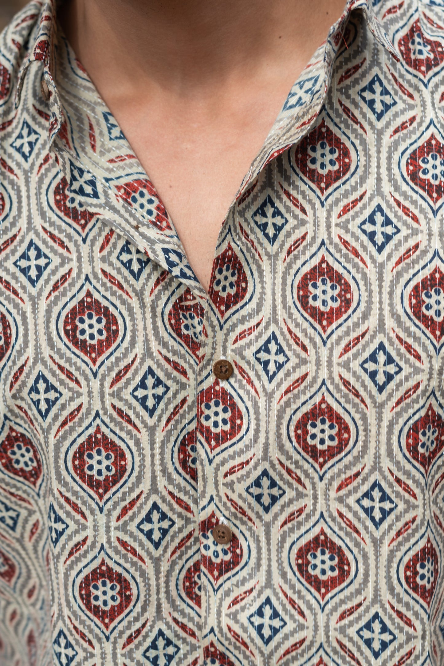 The Pale Tribal Print Kantha Work Half Sleeve Shirt