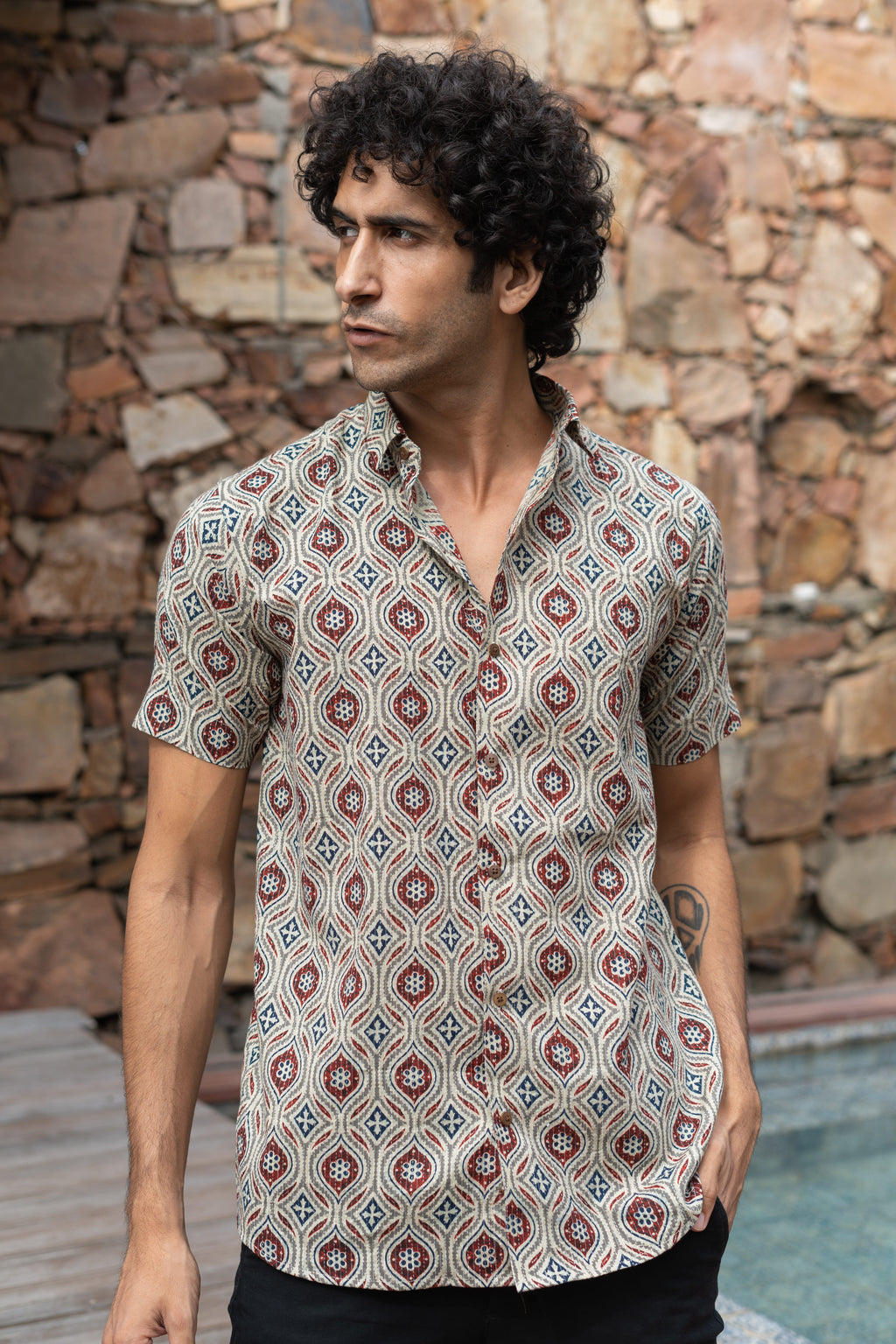 The Pale Tribal Print Kantha Work Half Sleeve Shirt