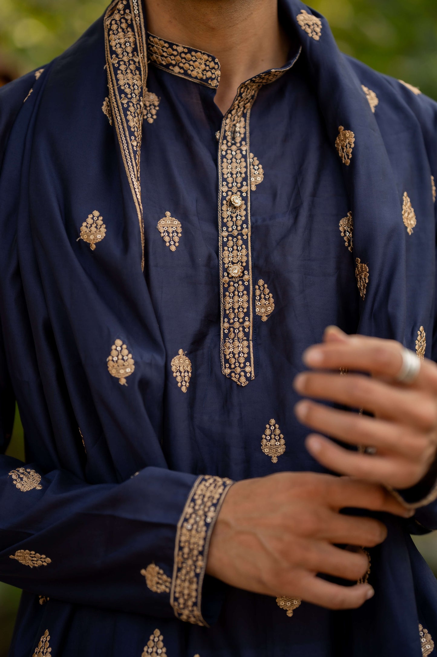 The Midnight Blue Long Kurta With Butti Embroidery And Sequins Work and Dupatta