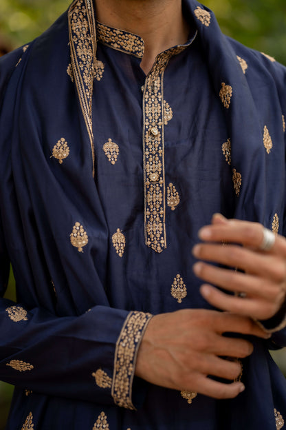 The Midnight Blue Long Kurta With Butti Embroidery And Sequins Work and Dupatta