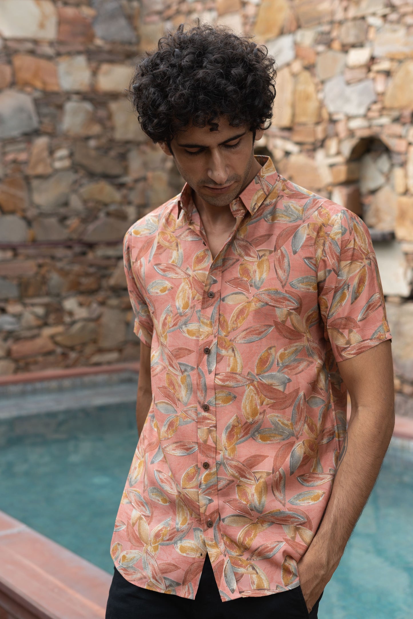 The Peach Color Half Sleeves All-Over Floral Print Party Shirt