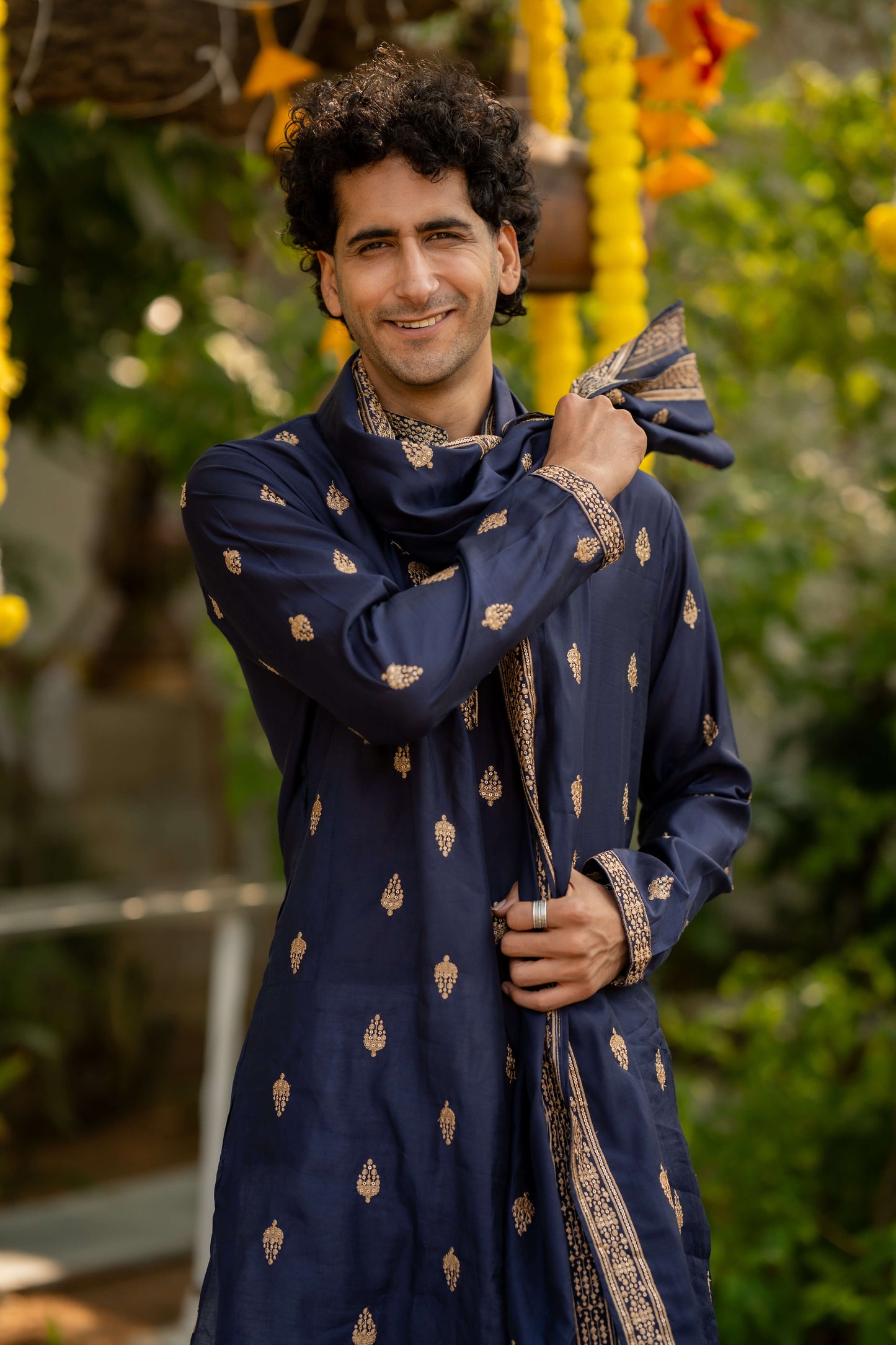 The Midnight Blue Long Kurta With Butti Embroidery And Sequins Work and Dupatta