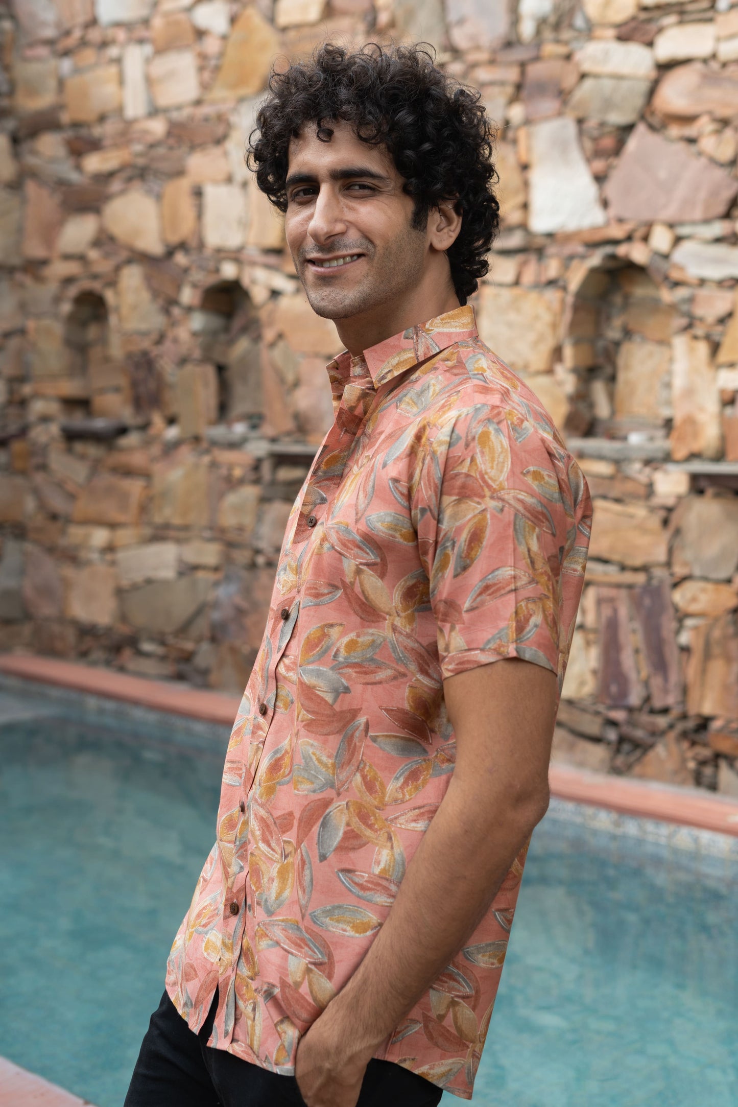 The Peach Color Half Sleeves All-Over Floral Print Party Shirt